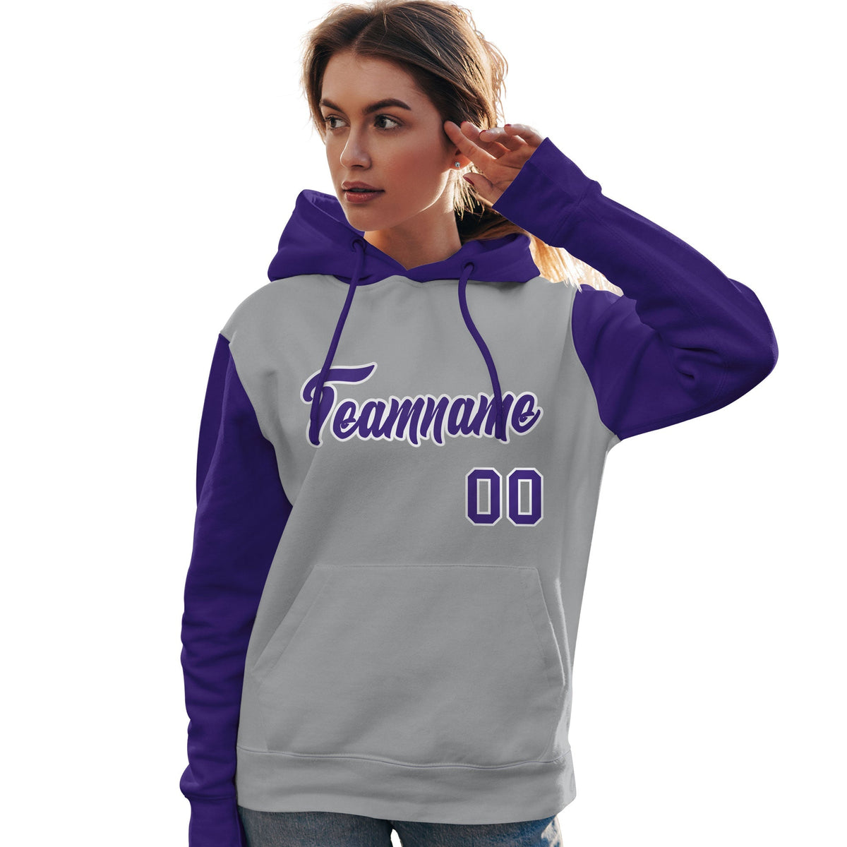 Custom Gray Purple-White Raglan Sleeves Pullover Personalized Team Sweatshirt Hoodie| KXKSHOP