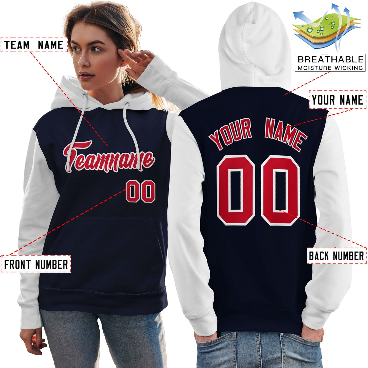 Custom Navy Red-White Raglan Sleeves Pullover Personalized Team Sweatshirt Hoodie| KXKSHOP
