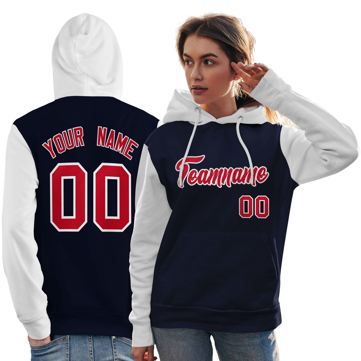 Custom Navy Red-White Raglan Sleeves Pullover Personalized Team Sweatshirt Hoodie| KXKSHOP