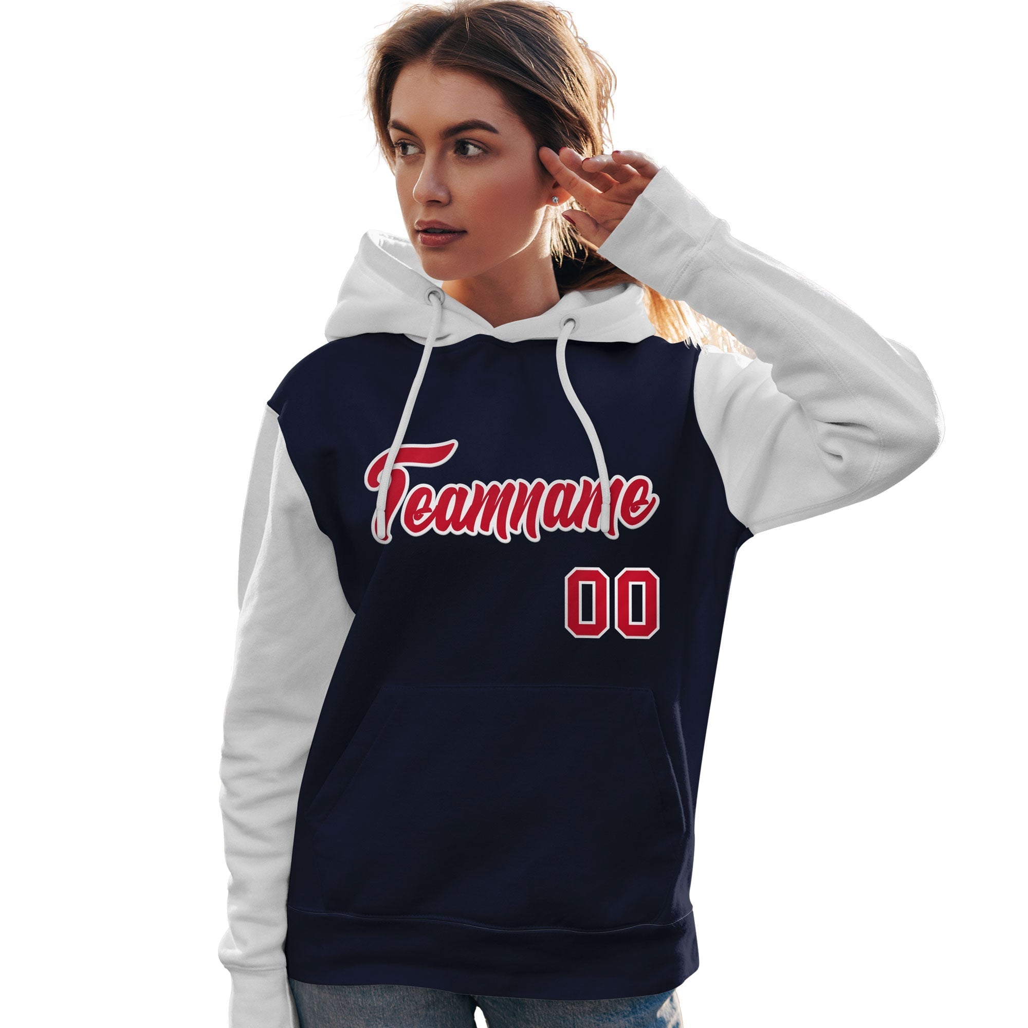 Custom Navy Red-White Raglan Sleeves Pullover Personalized Team Sweatshirt Hoodie| KXKSHOP