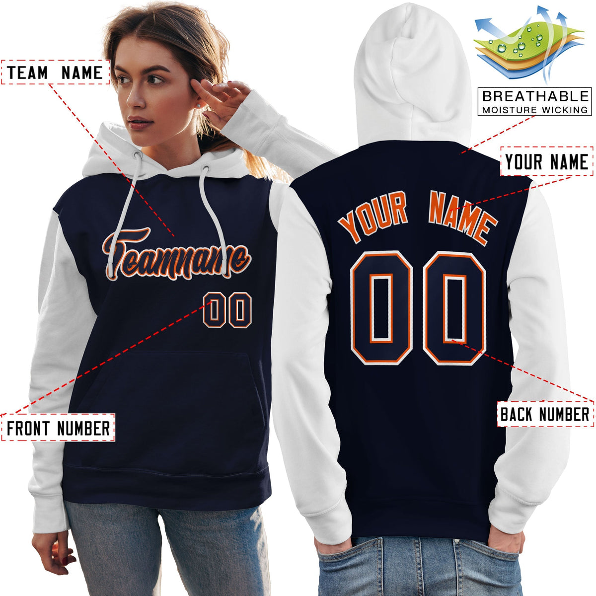 Custom Navy Orange-White Raglan Sleeves Pullover Personalized Team Sweatshirt Hoodie| KXKSHOP