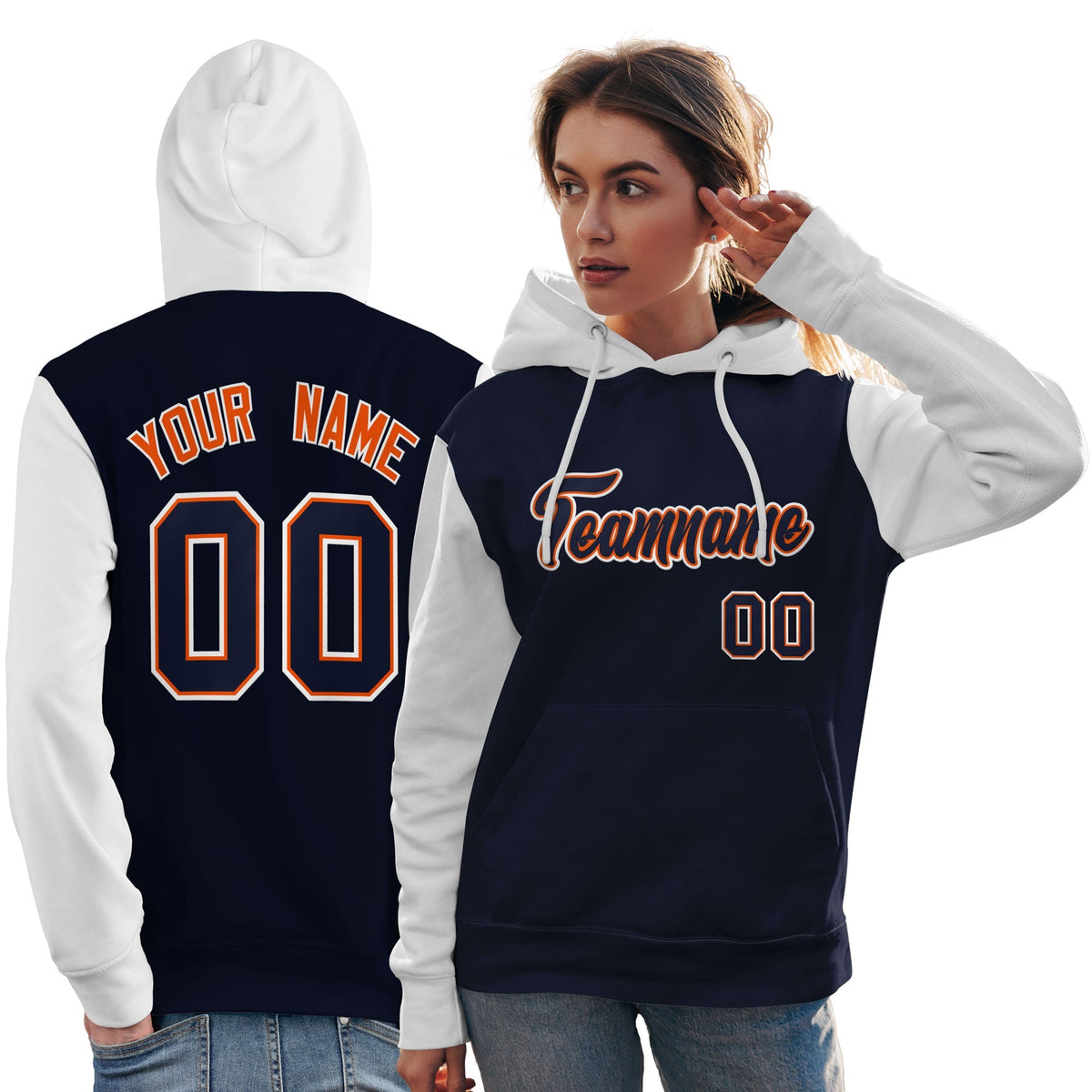 Custom Navy Orange-White Raglan Sleeves Pullover Personalized Team Sweatshirt Hoodie| KXKSHOP
