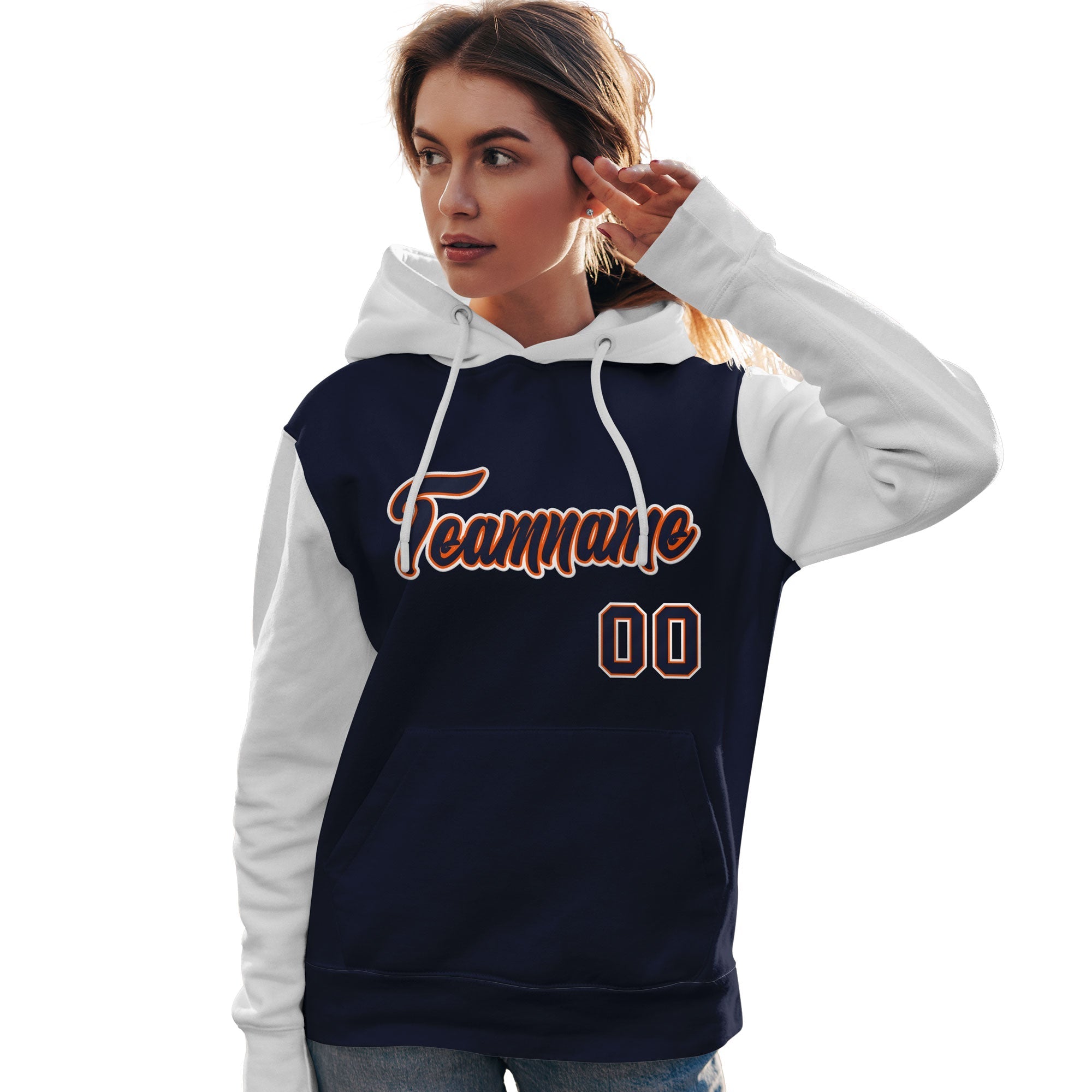 Custom Navy Orange-White Raglan Sleeves Pullover Personalized Team Sweatshirt Hoodie| KXKSHOP