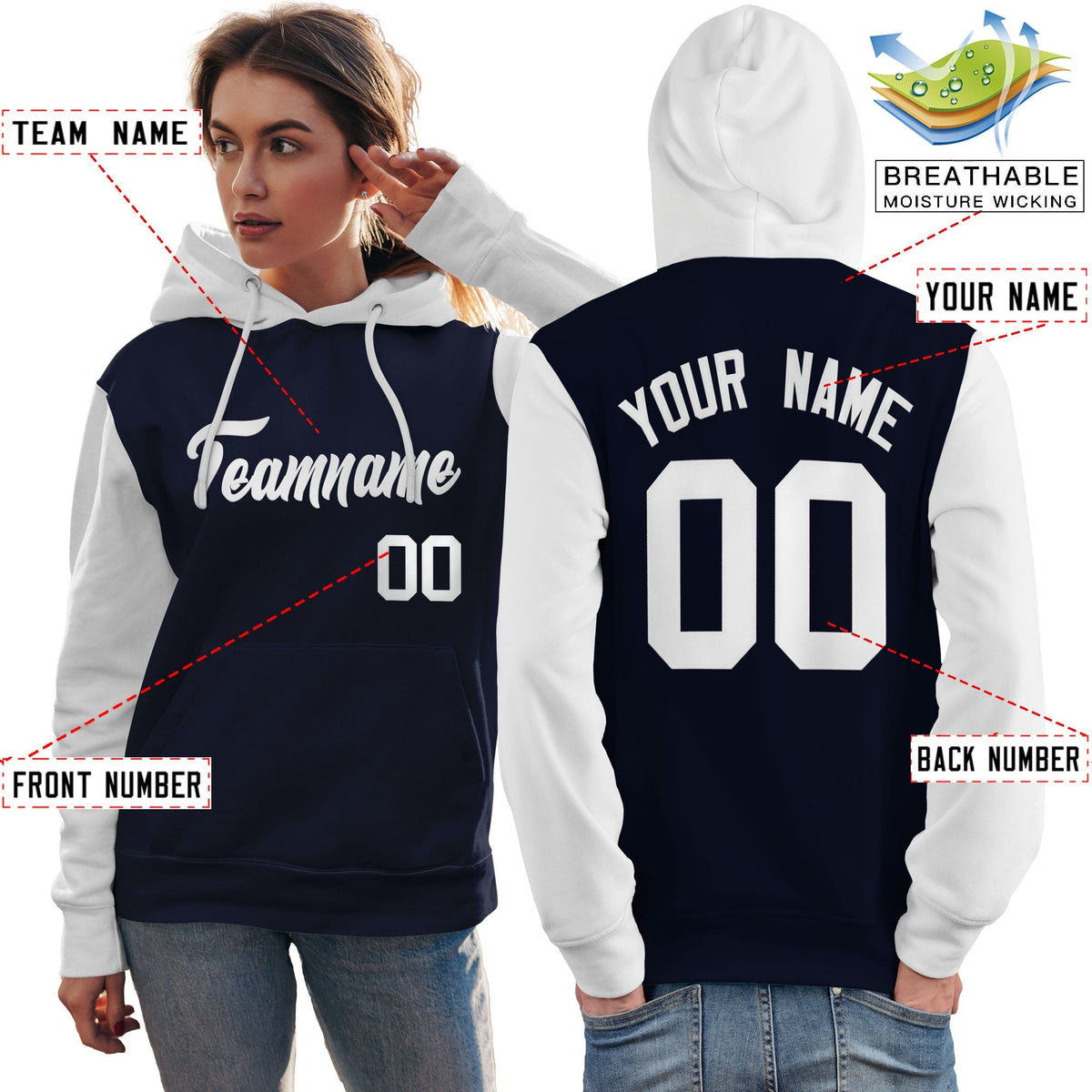 Custom Navy White Raglan Sleeves Pullover Personalized Team Sweatshirt Hoodie| KXKSHOP