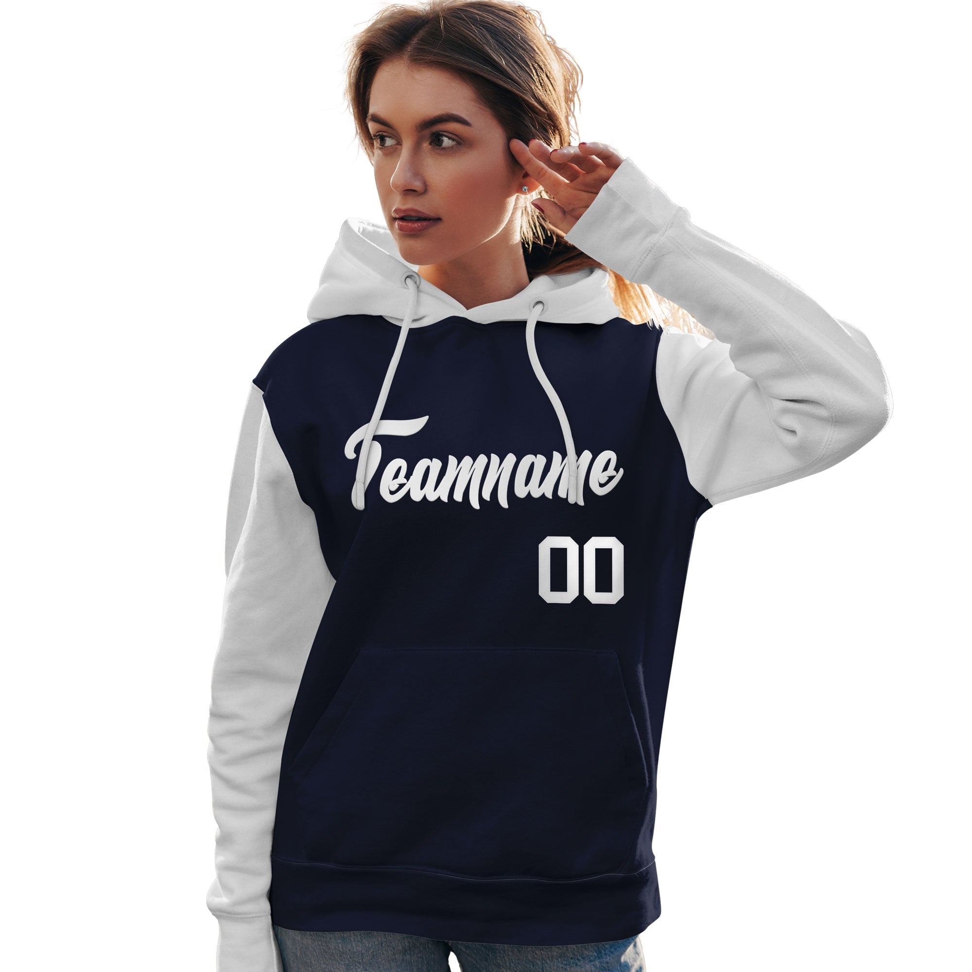 Custom Navy White Raglan Sleeves Pullover Personalized Team Sweatshirt Hoodie| KXKSHOP