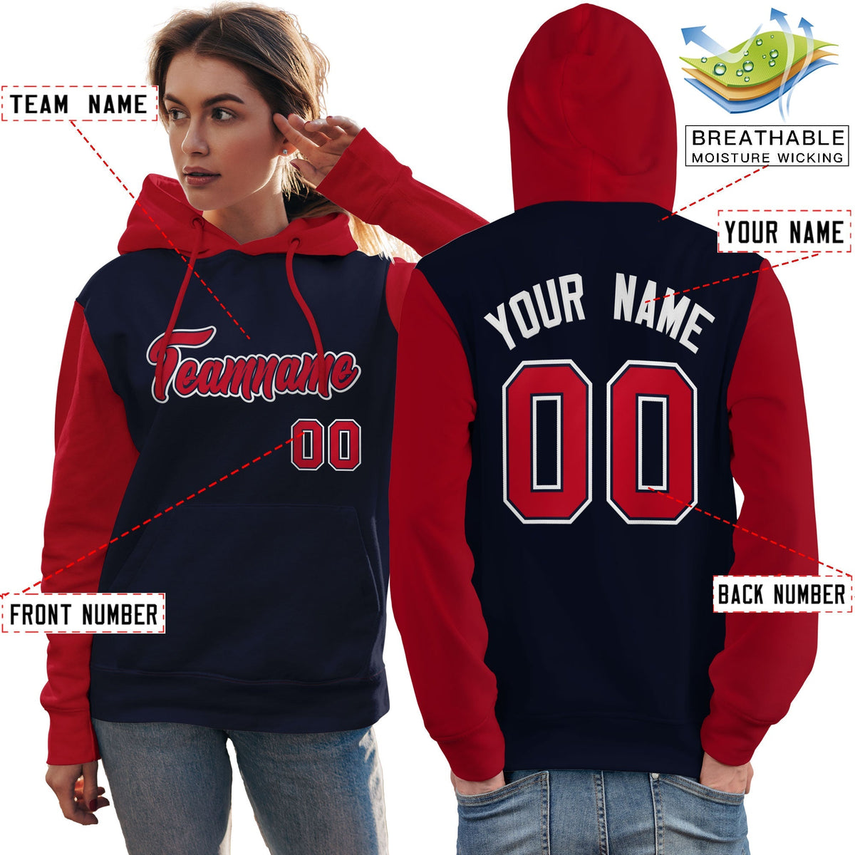Custom Navy Red-White Raglan Sleeves Pullover Personalized Team Sweatshirt Hoodie| KXKSHOP