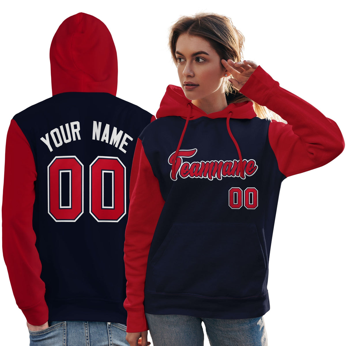 Custom Navy Red-White Raglan Sleeves Pullover Personalized Team Sweatshirt Hoodie| KXKSHOP