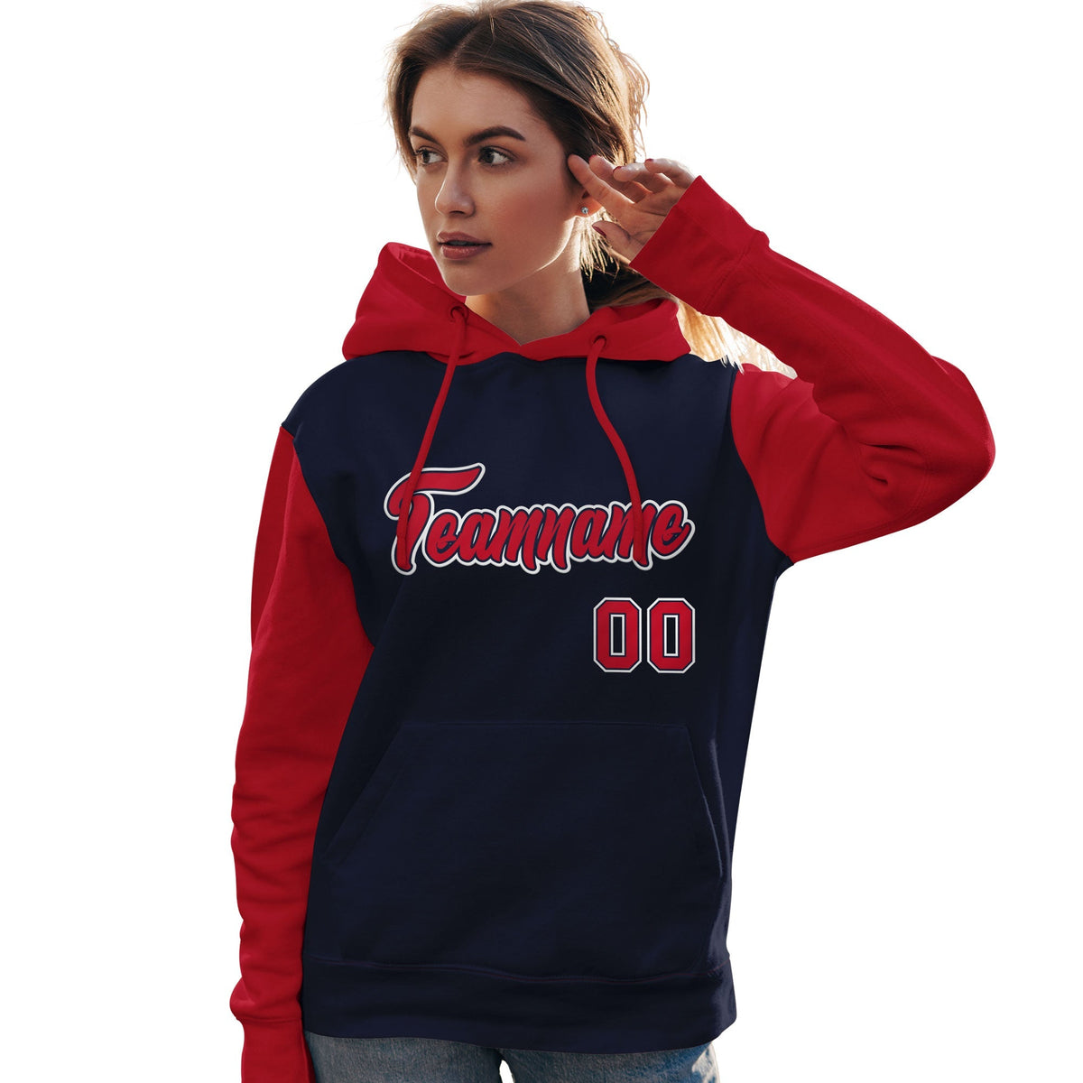 Custom Navy Red-White Raglan Sleeves Pullover Personalized Team Sweatshirt Hoodie| KXKSHOP