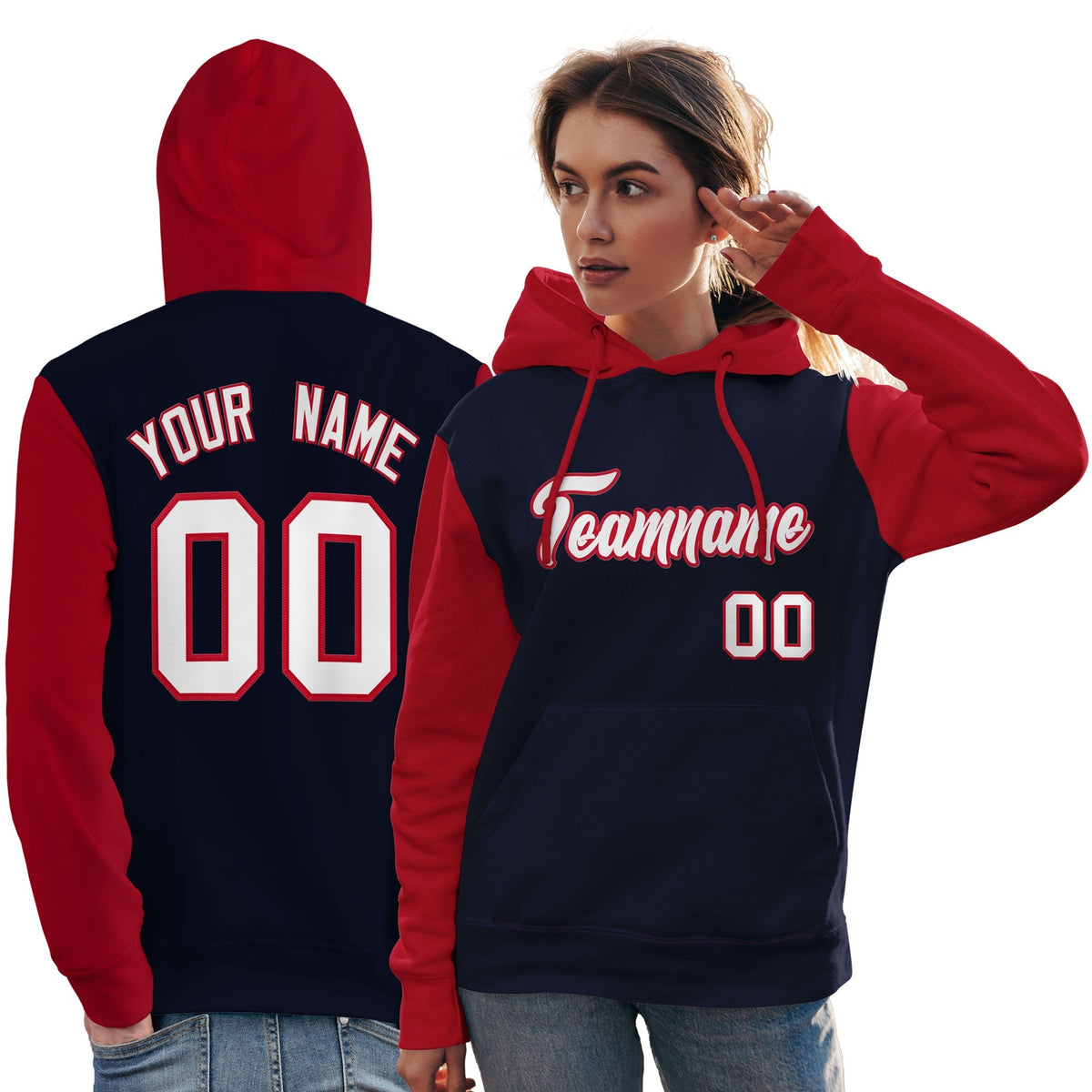Custom Navy White-Red Raglan Sleeves Pullover Personalized Team Sweatshirt Hoodie| KXKSHOP