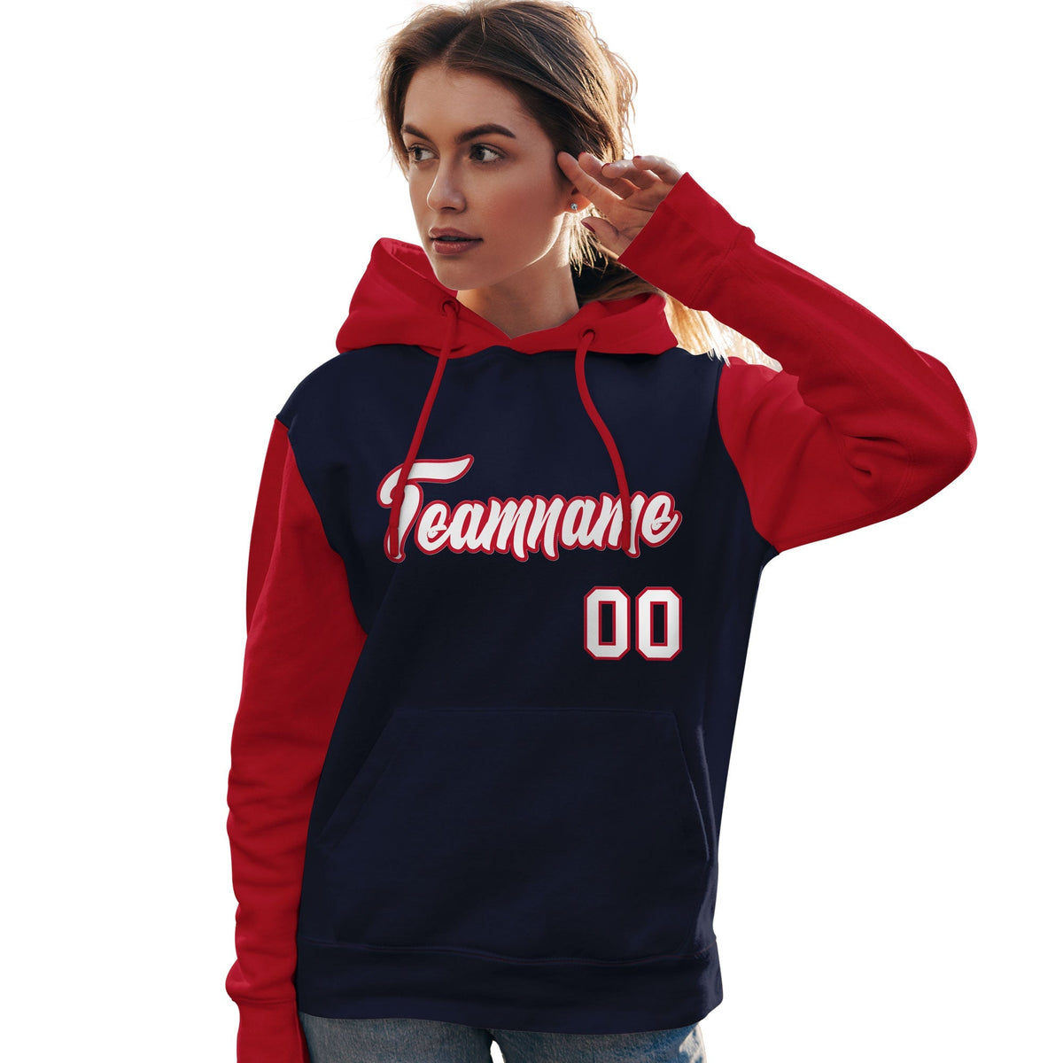 Custom Navy White-Red Raglan Sleeves Pullover Personalized Team Sweatshirt Hoodie| KXKSHOP