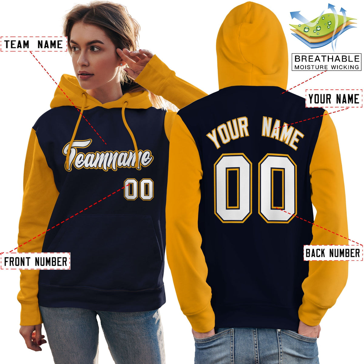 Custom Navy White-Gold Raglan Sleeves Pullover Personalized Team Sweatshirt Hoodie| KXKSHOP