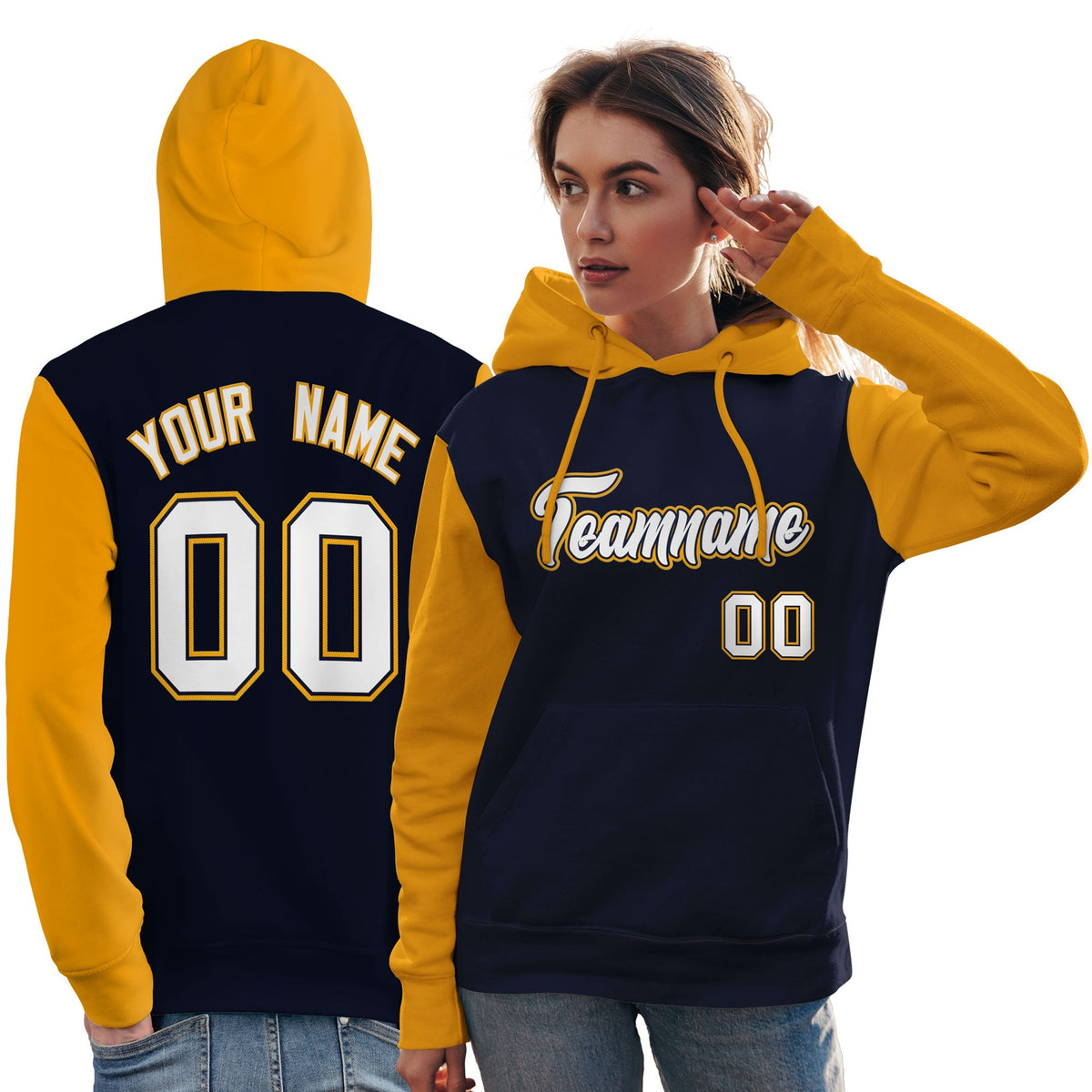 Custom Navy White-Gold Raglan Sleeves Pullover Personalized Team Sweatshirt Hoodie| KXKSHOP