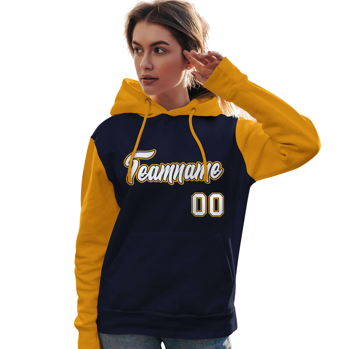 Custom Navy White-Gold Raglan Sleeves Pullover Personalized Team Sweatshirt Hoodie| KXKSHOP