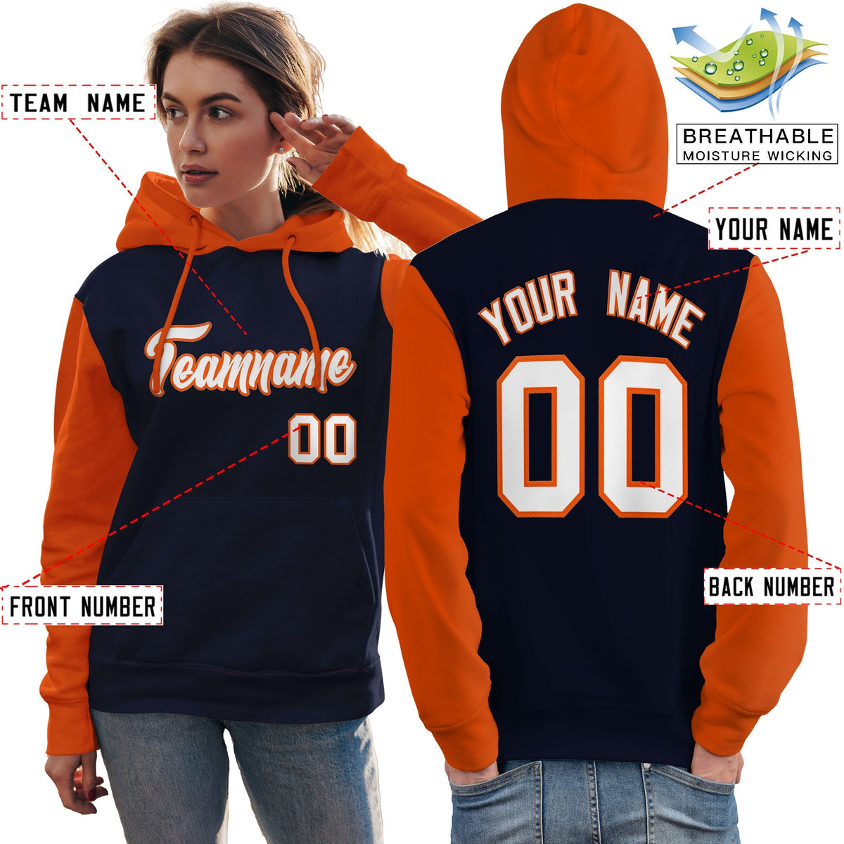 Custom Navy White-Orange Raglan Sleeves Pullover Personalized Team Sweatshirt Hoodie| KXKSHOP