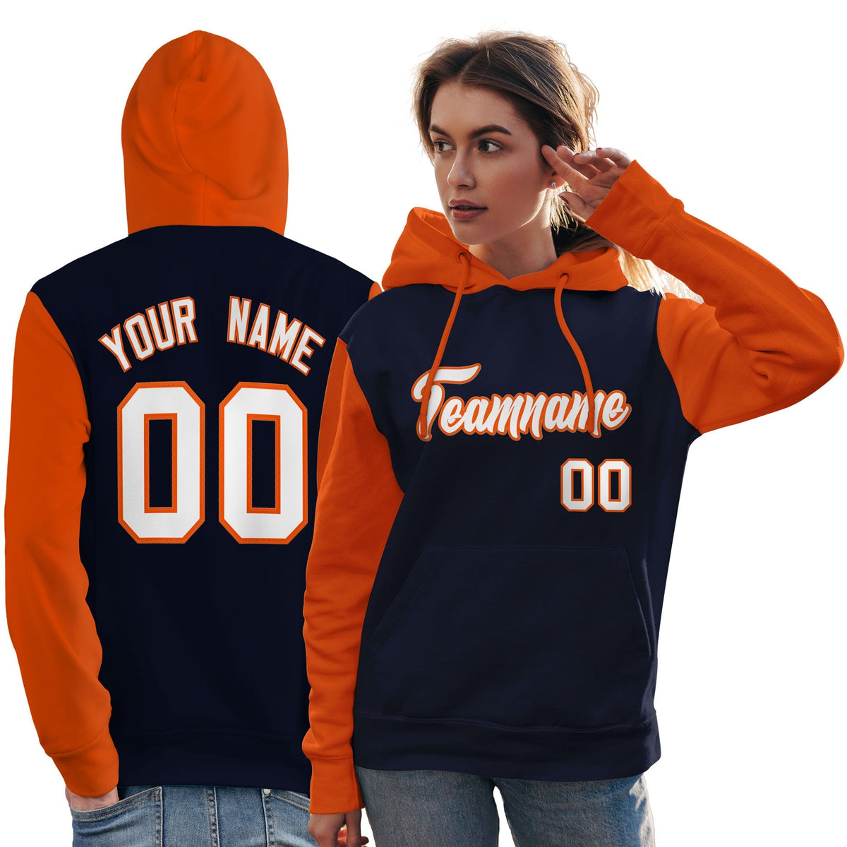 Custom Navy White-Orange Raglan Sleeves Pullover Personalized Team Sweatshirt Hoodie| KXKSHOP