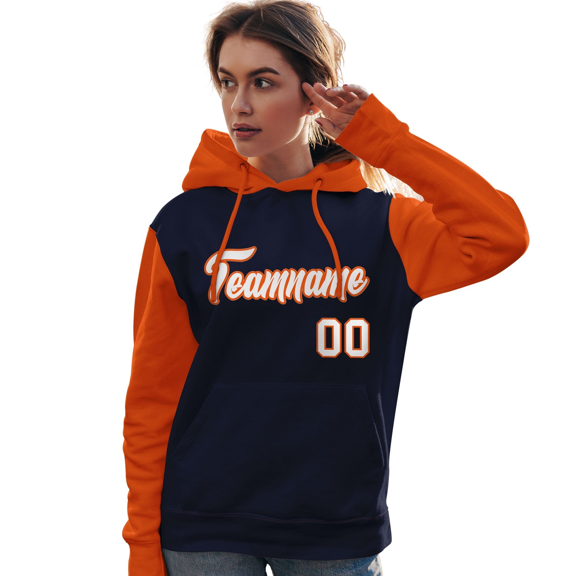 Custom Navy White-Orange Raglan Sleeves Pullover Personalized Team Sweatshirt Hoodie| KXKSHOP