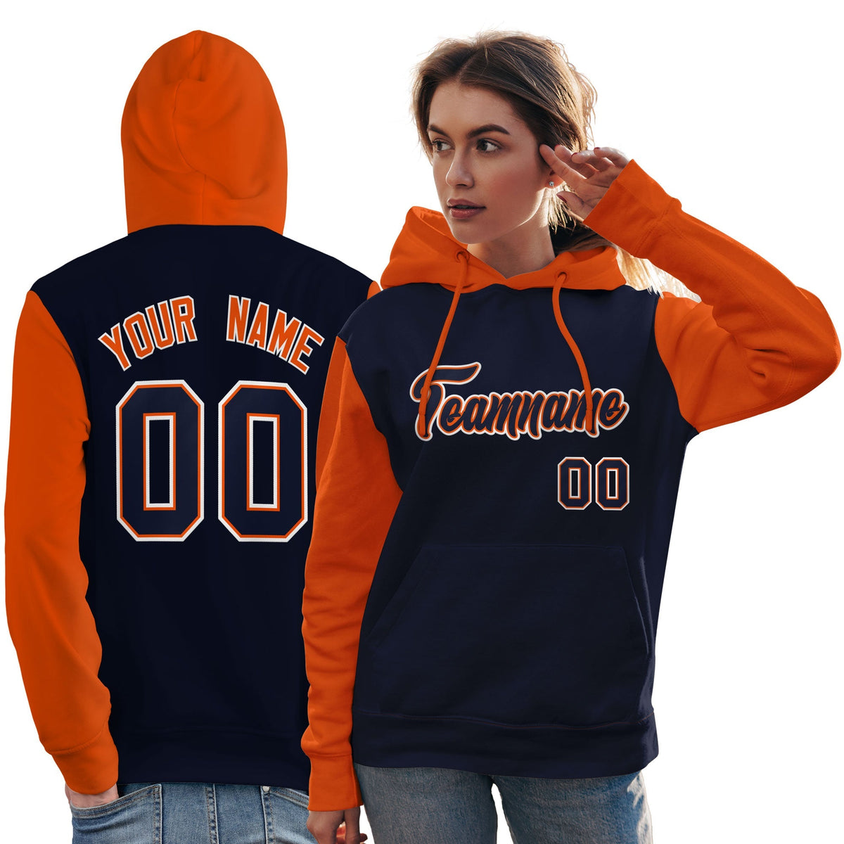 Custom Navy Orange-White Raglan Sleeves Pullover Personalized Team Sweatshirt Hoodie| KXKSHOP