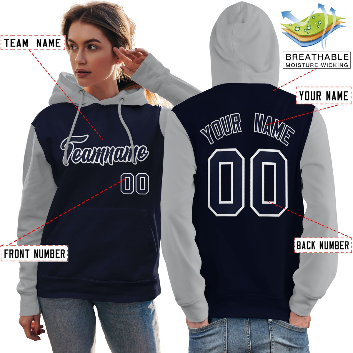 Custom Navy White-Gray Raglan Sleeves Pullover Personalized Team Sweatshirt Hoodie| KXKSHOP
