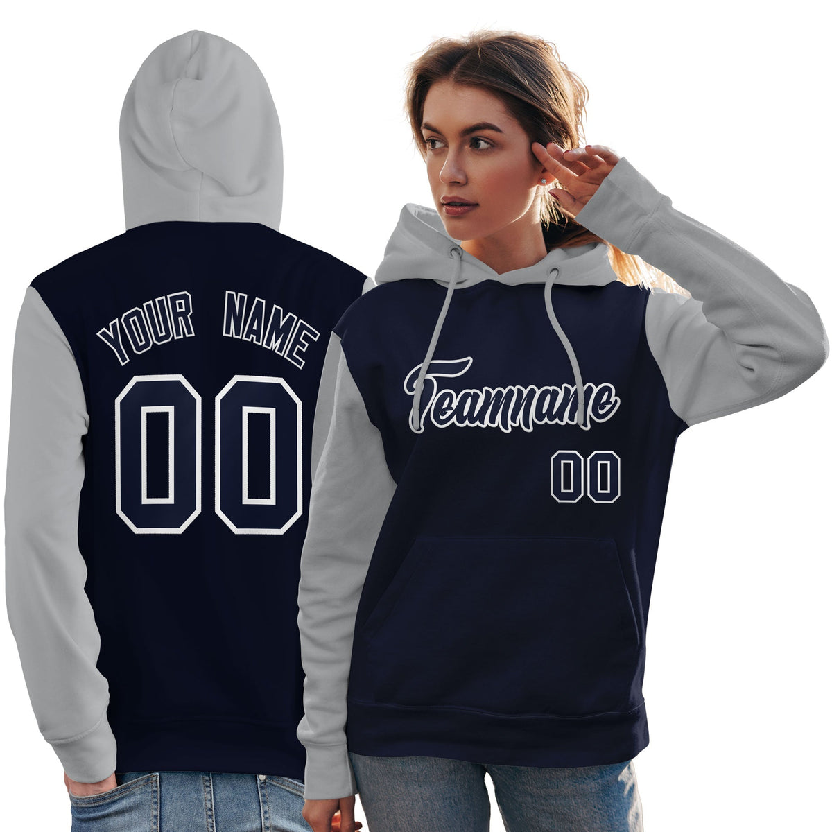 Custom Navy White-Gray Raglan Sleeves Pullover Personalized Team Sweatshirt Hoodie| KXKSHOP