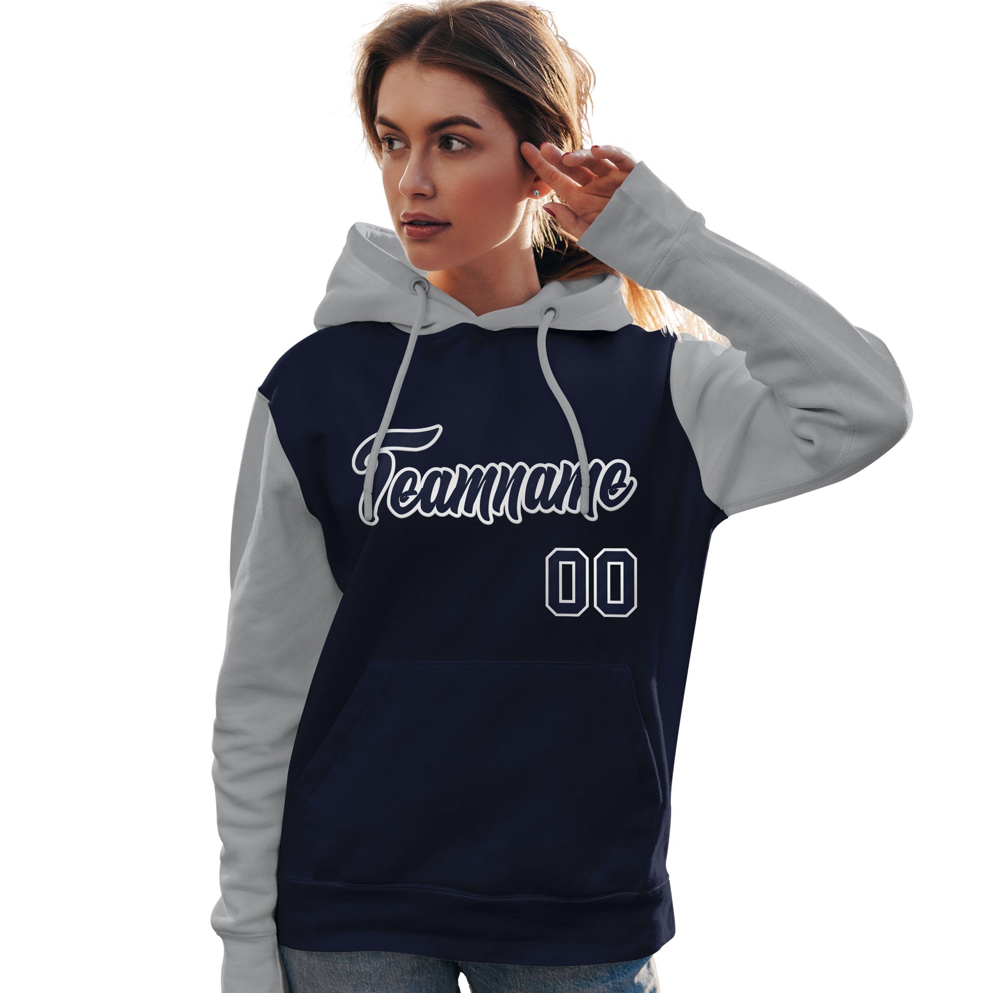 Custom Navy White-Gray Raglan Sleeves Pullover Personalized Team Sweatshirt Hoodie| KXKSHOP