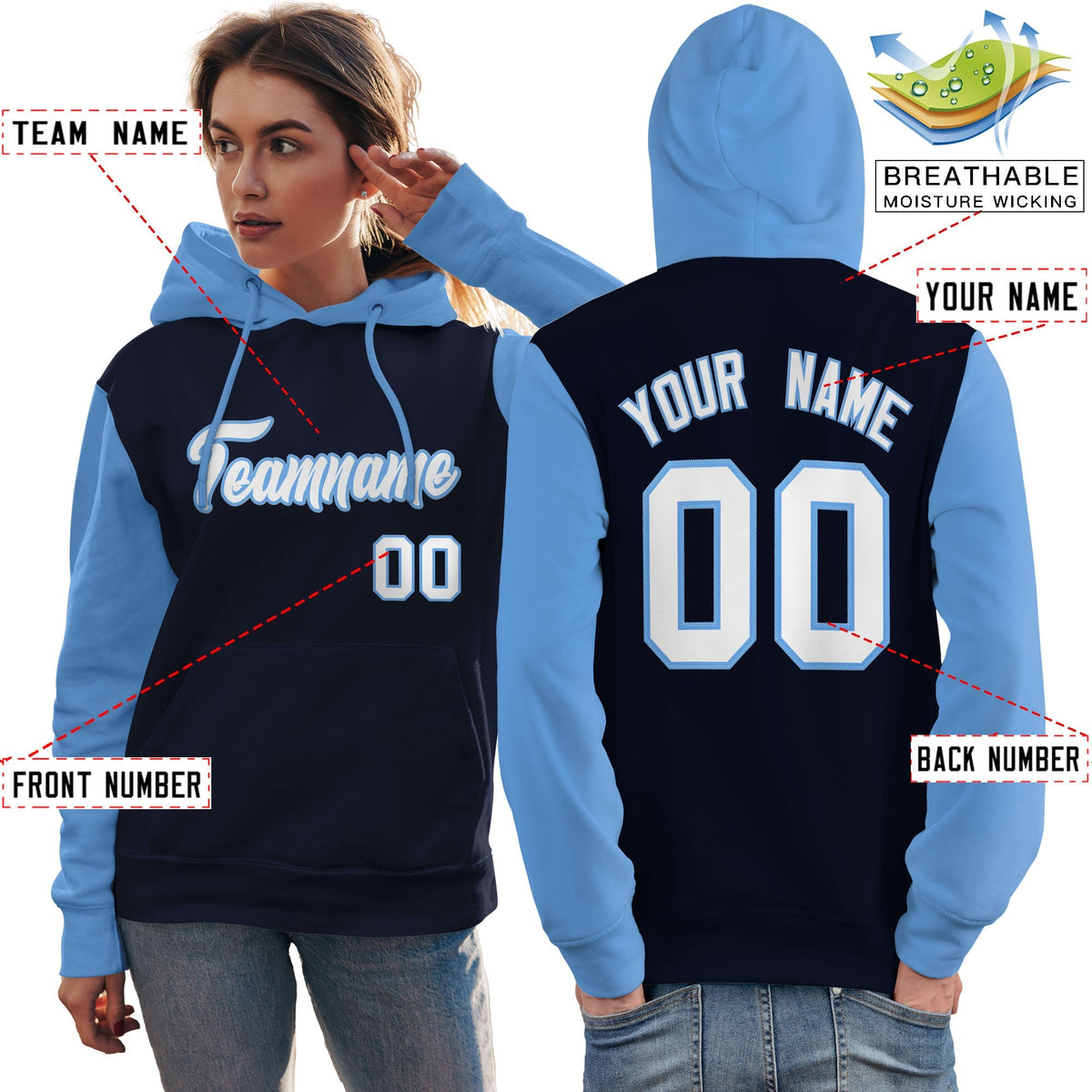 Custom Navy White-Light Blue Raglan Sleeves Pullover Personalized Team Sweatshirt Hoodie| KXKSHOP