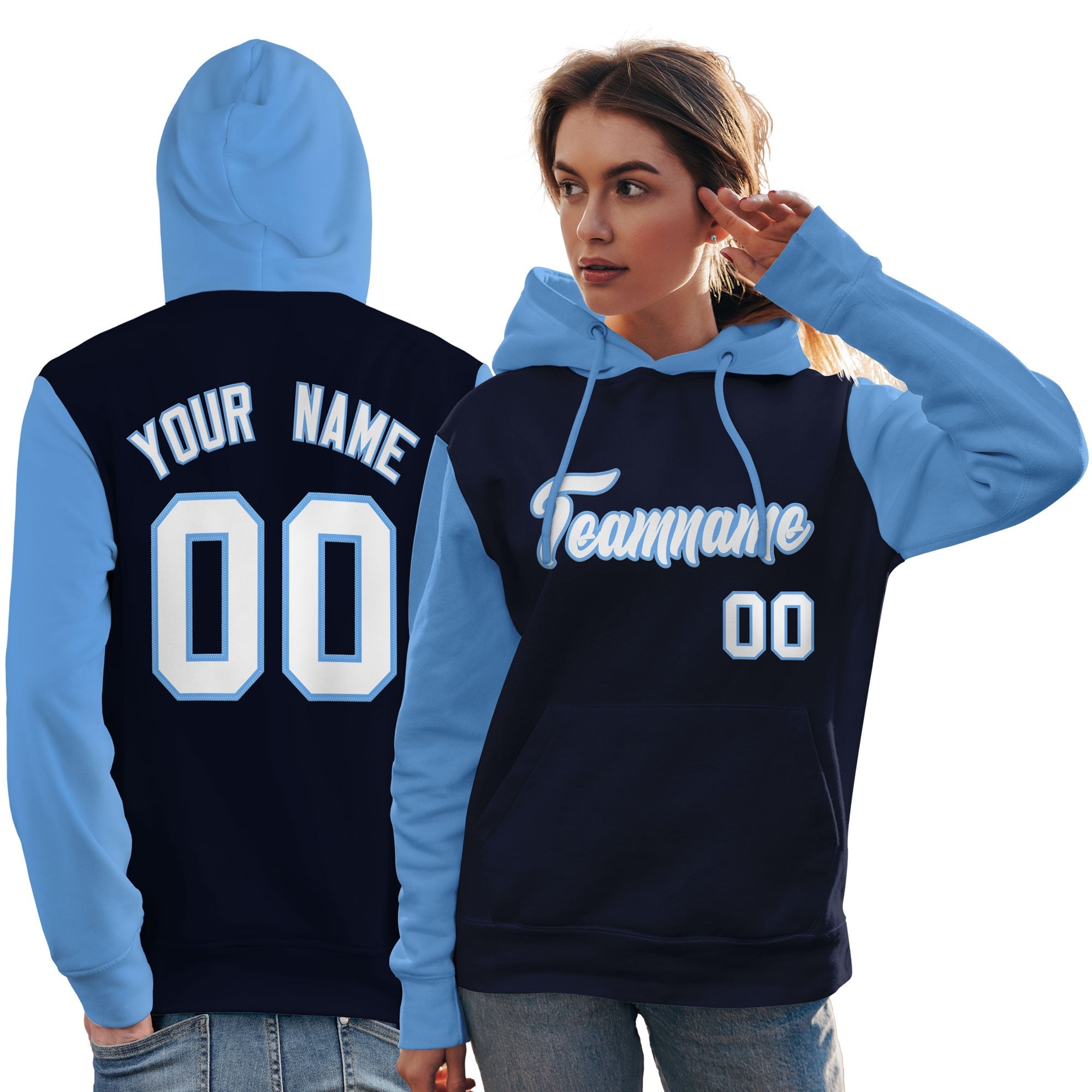 Custom Navy White-Light Blue Raglan Sleeves Pullover Personalized Team Sweatshirt Hoodie| KXKSHOP