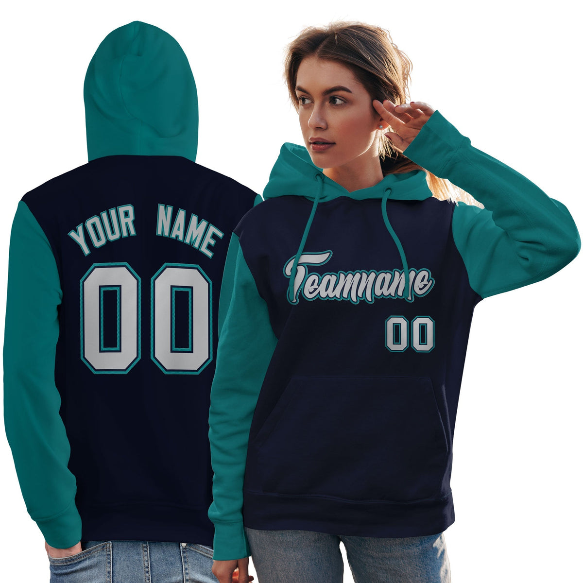 Custom Navy Gray-Aqua Raglan Sleeves Pullover Personalized Team Sweatshirt Hoodie| KXKSHOP
