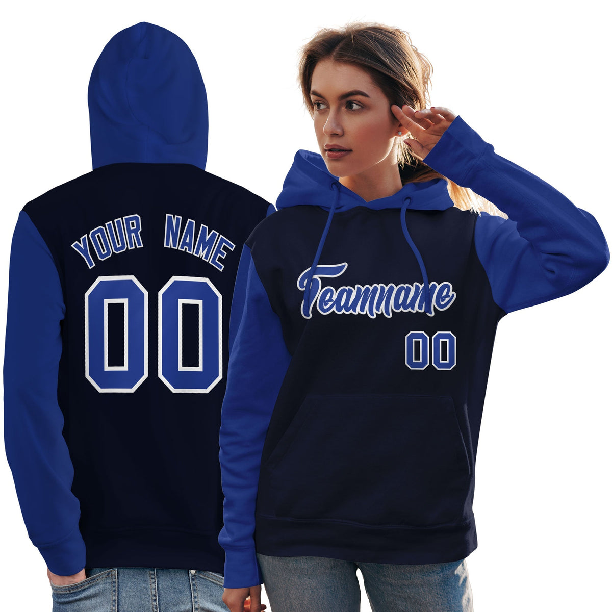 Custom Navy Royal-White Raglan Sleeves Pullover Personalized Team Sweatshirt Hoodie| KXKSHOP