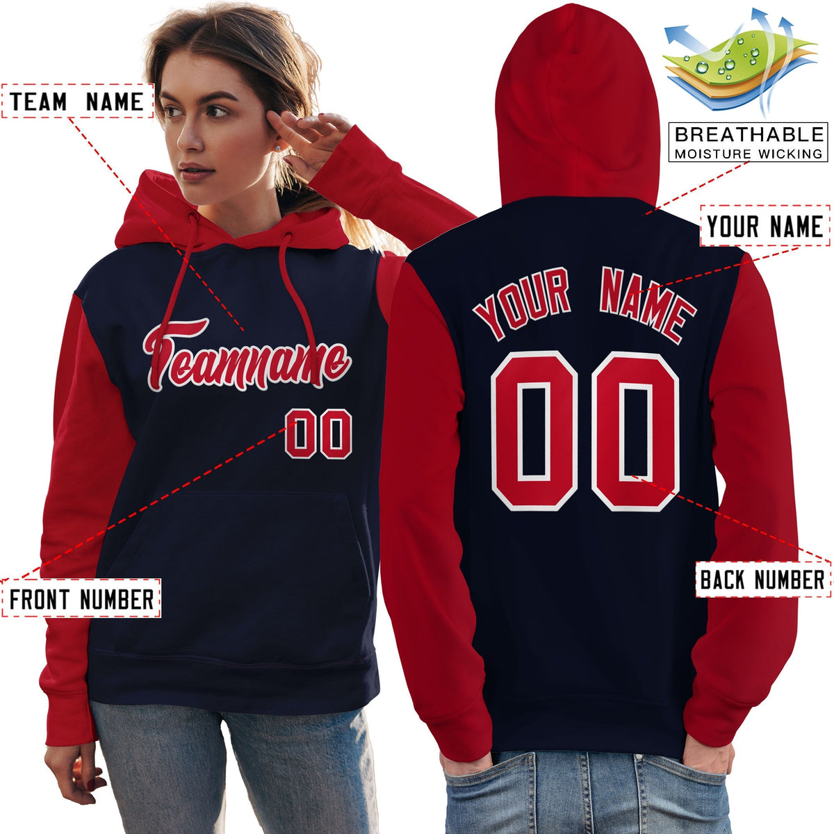 Custom Navy Red-White Raglan Sleeves Pullover Personalized Team Sweatshirt Hoodie| KXKSHOP