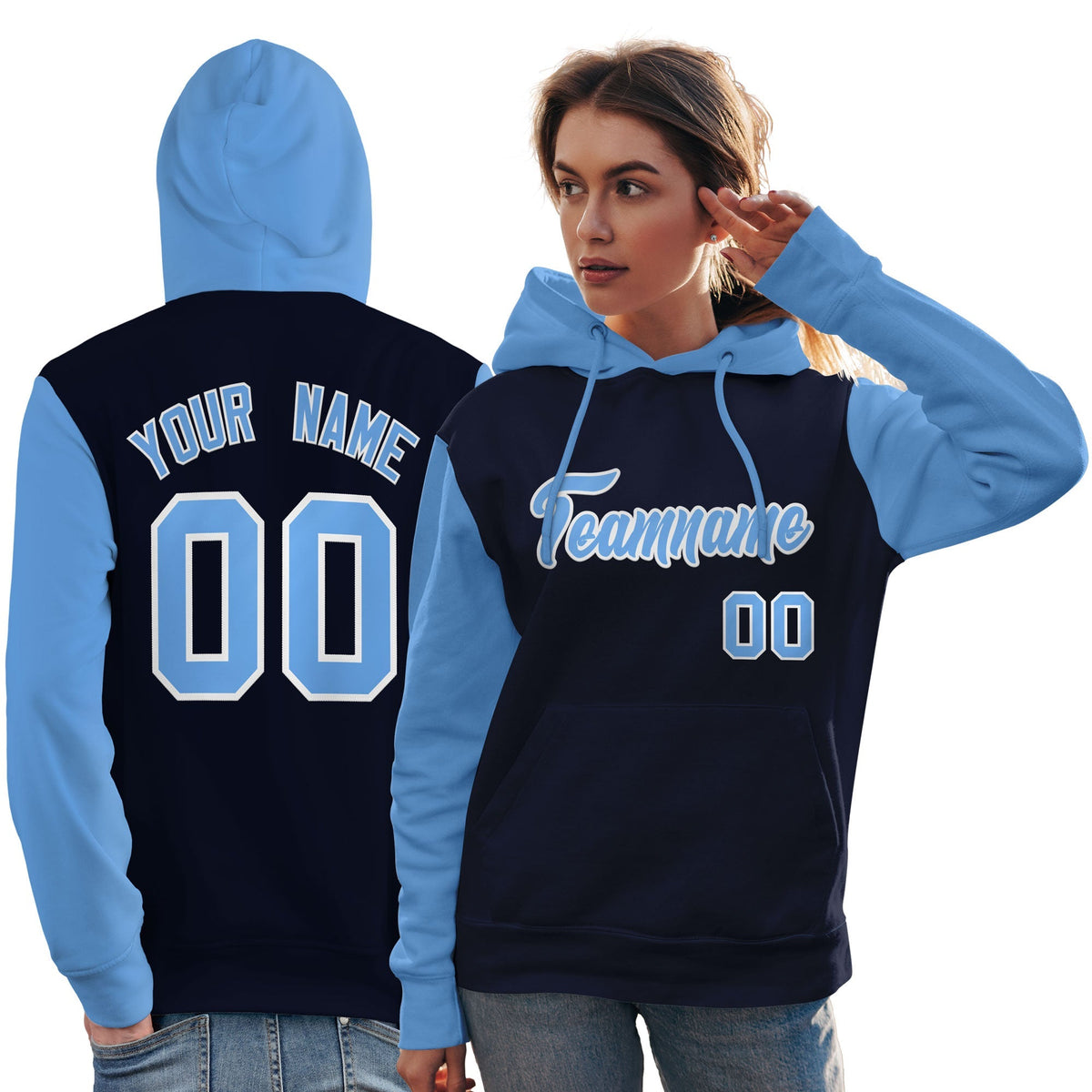 Custom Navy Light Blue-White Raglan Sleeves Pullover Personalized Team Sweatshirt Hoodie| KXKSHOP