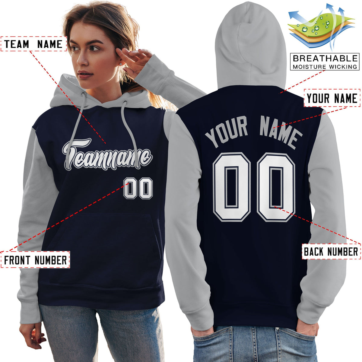 Custom Navy White-Gray Raglan Sleeves Pullover Personalized Team Sweatshirt Hoodie| KXKSHOP