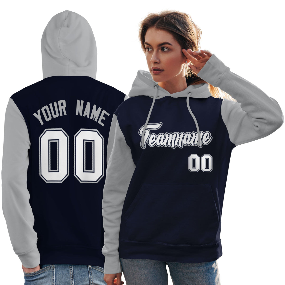 Custom Navy White-Gray Raglan Sleeves Pullover Personalized Team Sweatshirt Hoodie| KXKSHOP