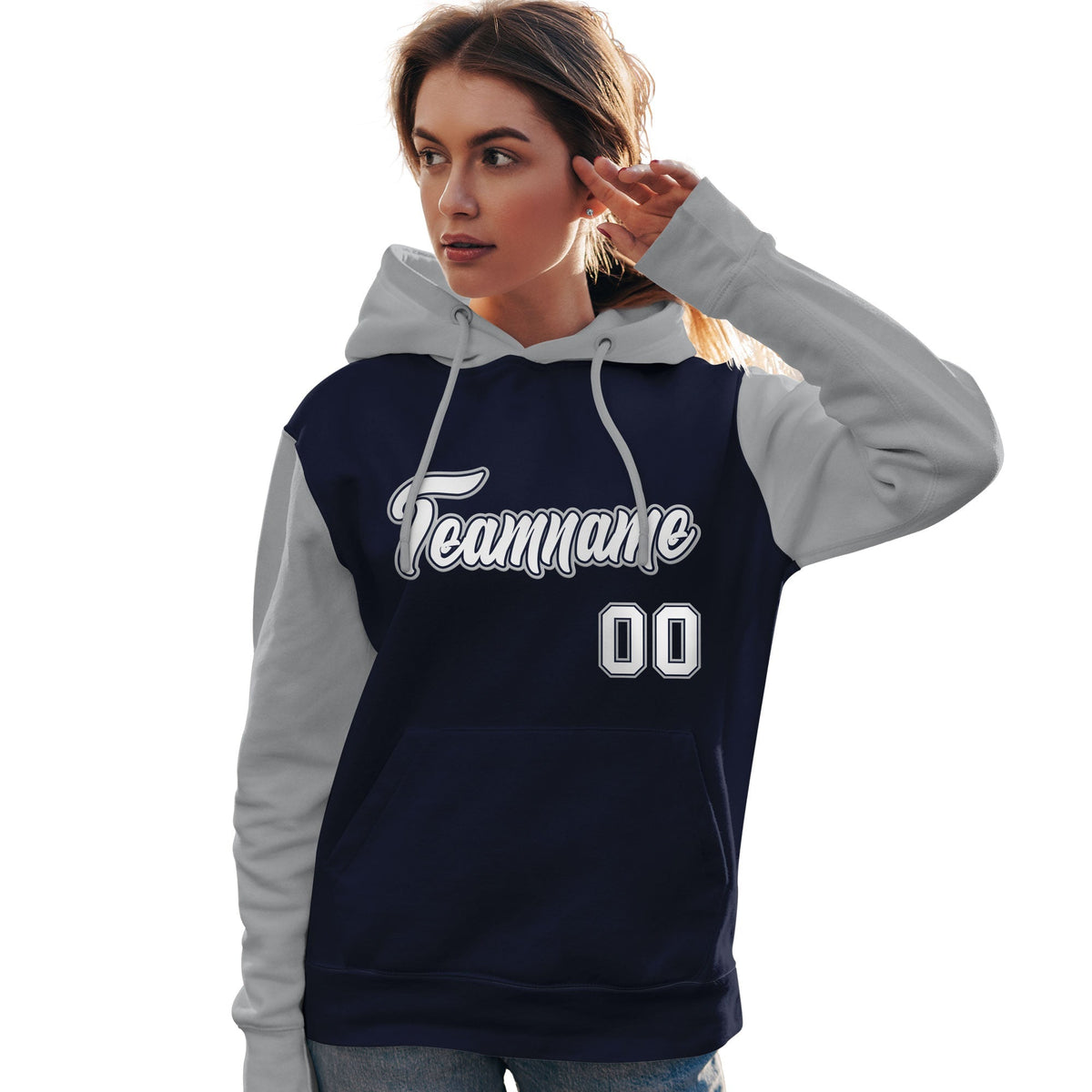 Custom Navy White-Gray Raglan Sleeves Pullover Personalized Team Sweatshirt Hoodie| KXKSHOP