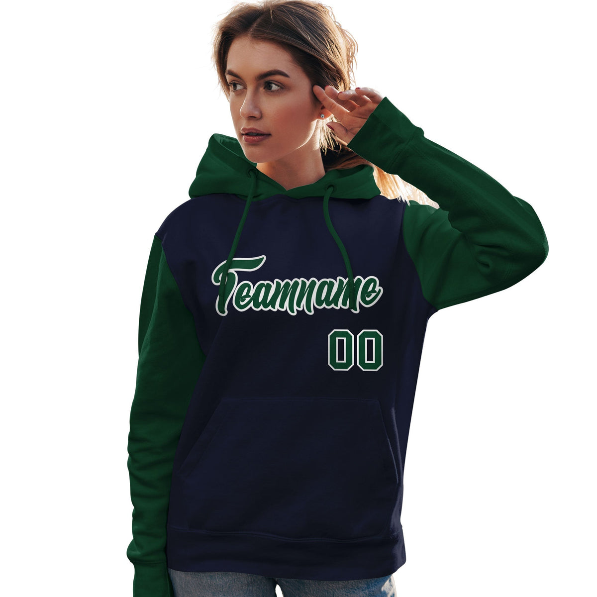 Custom Navy Green-White Raglan Sleeves Pullover Personalized Team Sweatshirt Hoodie| KXKSHOP