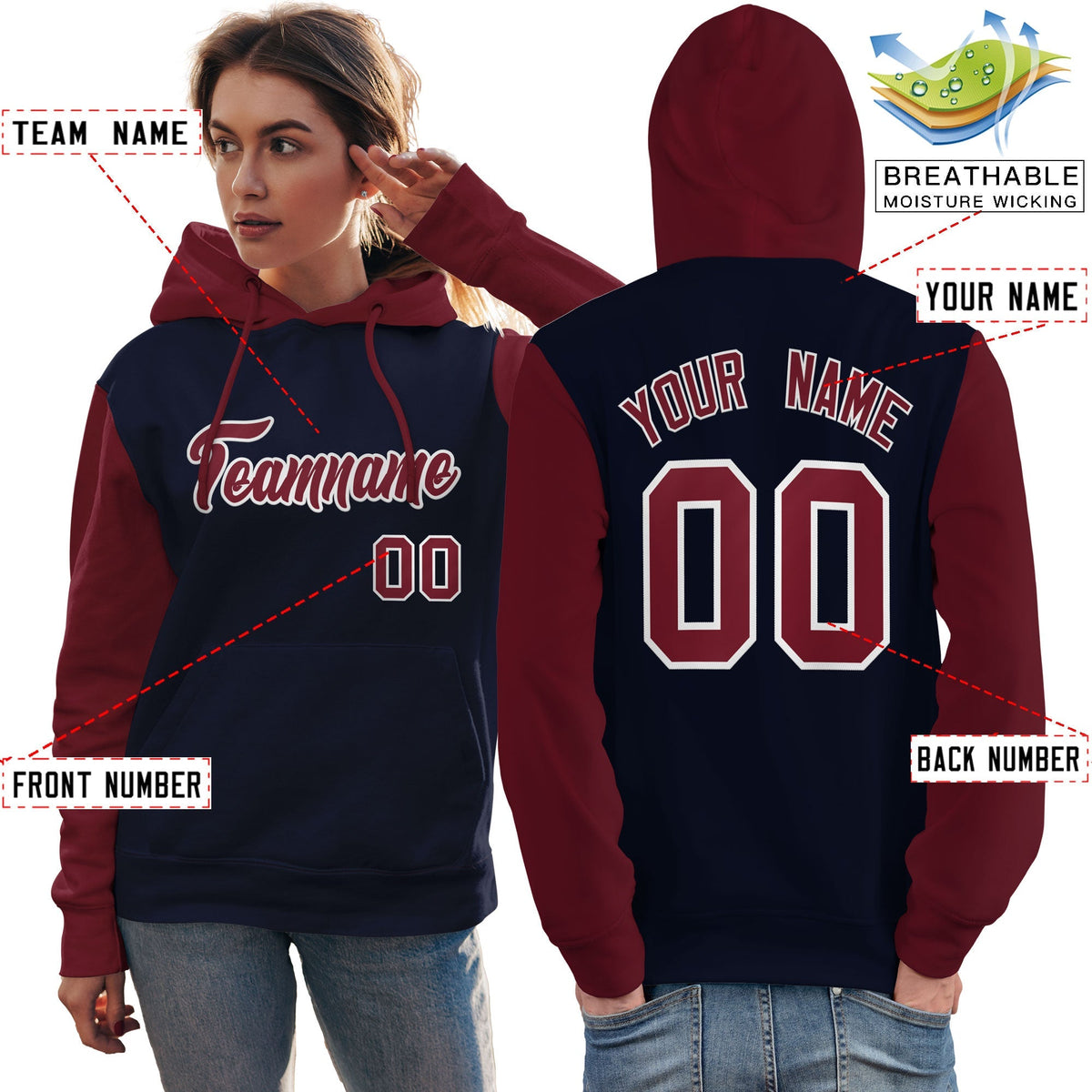 Custom Navy Crimson-White Raglan Sleeves Pullover Personalized Team Sweatshirt Hoodie| KXKSHOP