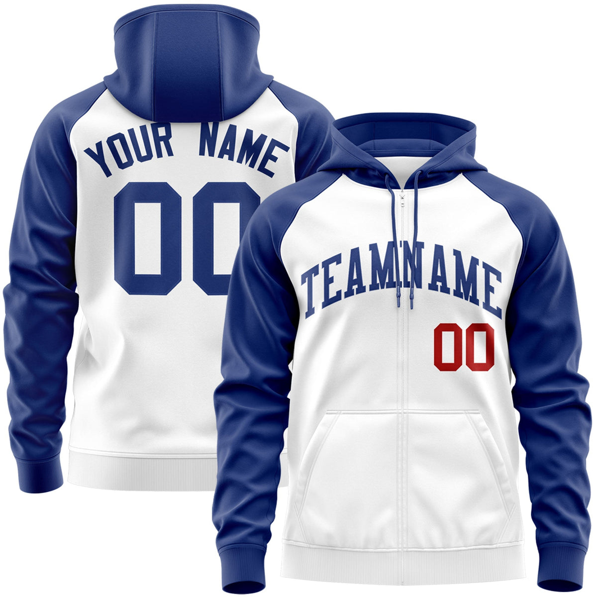 Custom Stitched White Royal Raglan Sleeves Sports Full-Zip Sweatshirt Hoodie| KXKSHOP