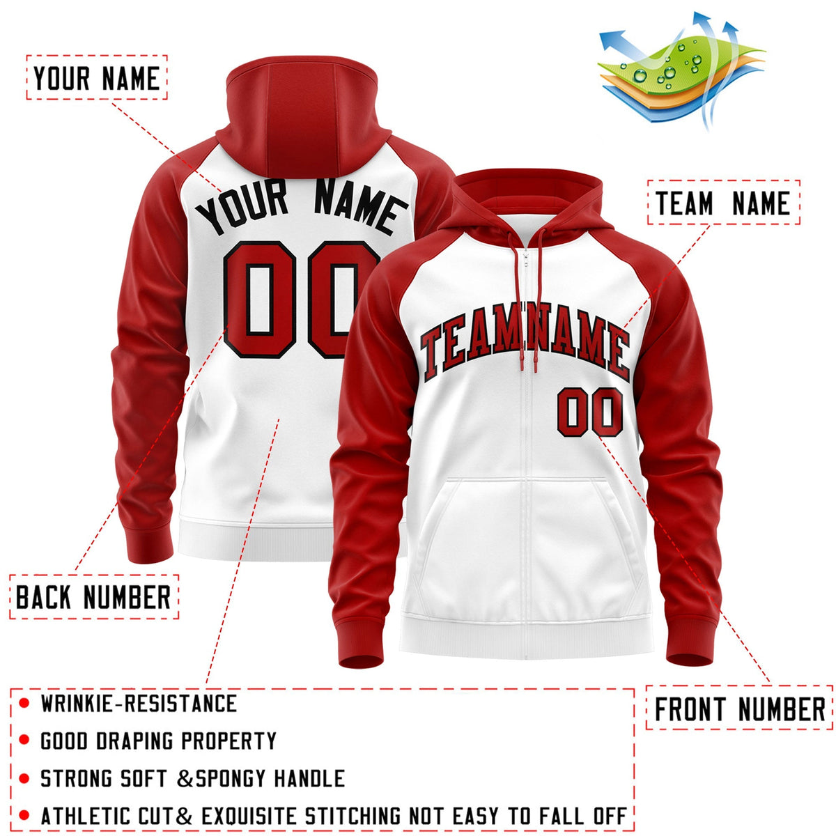 Custom Stitched White Red-Black Raglan Sleeves Sports Full-Zip Sweatshirt Hoodie| KXKSHOP