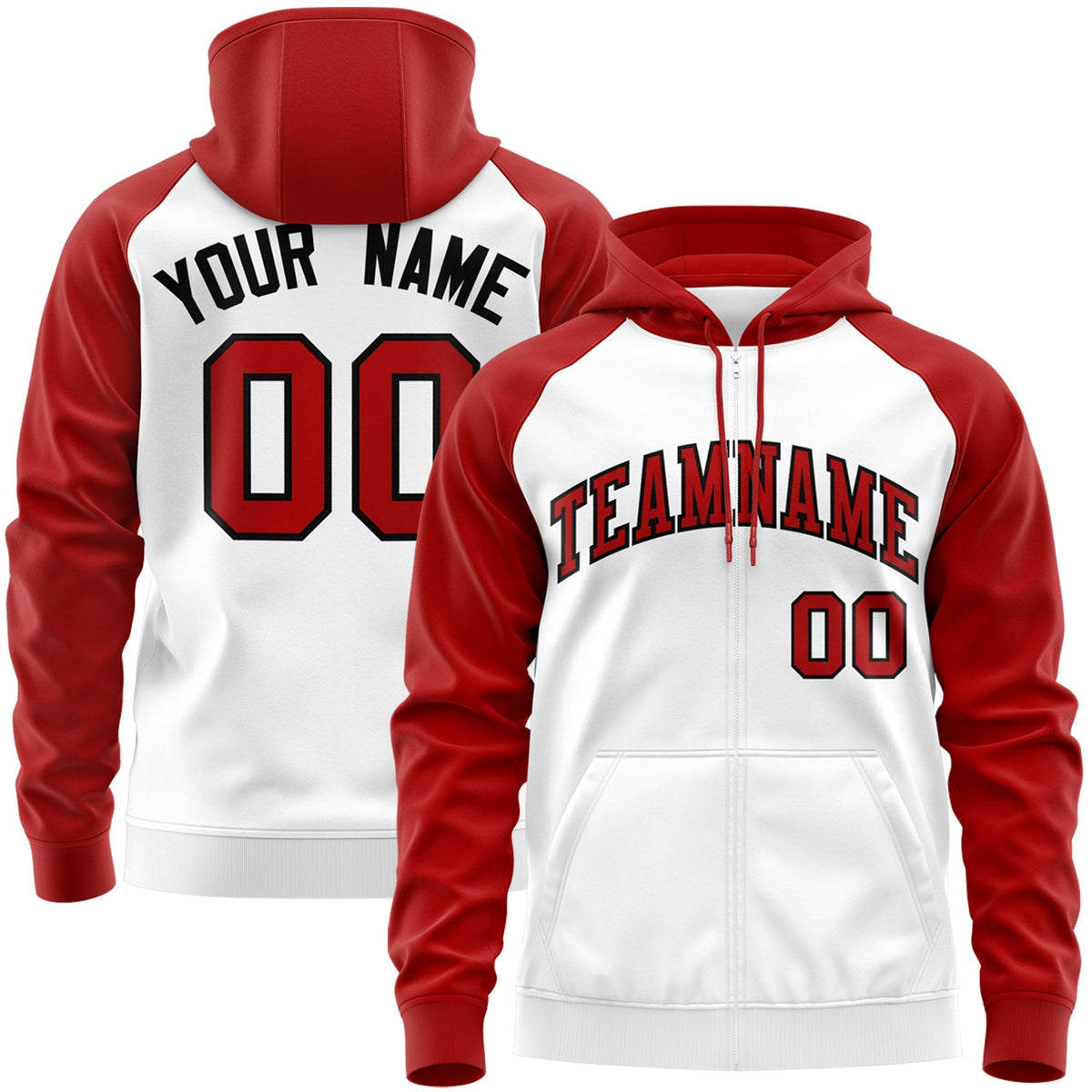 Custom Stitched White Red-Black Raglan Sleeves Sports Full-Zip Sweatshirt Hoodie| KXKSHOP