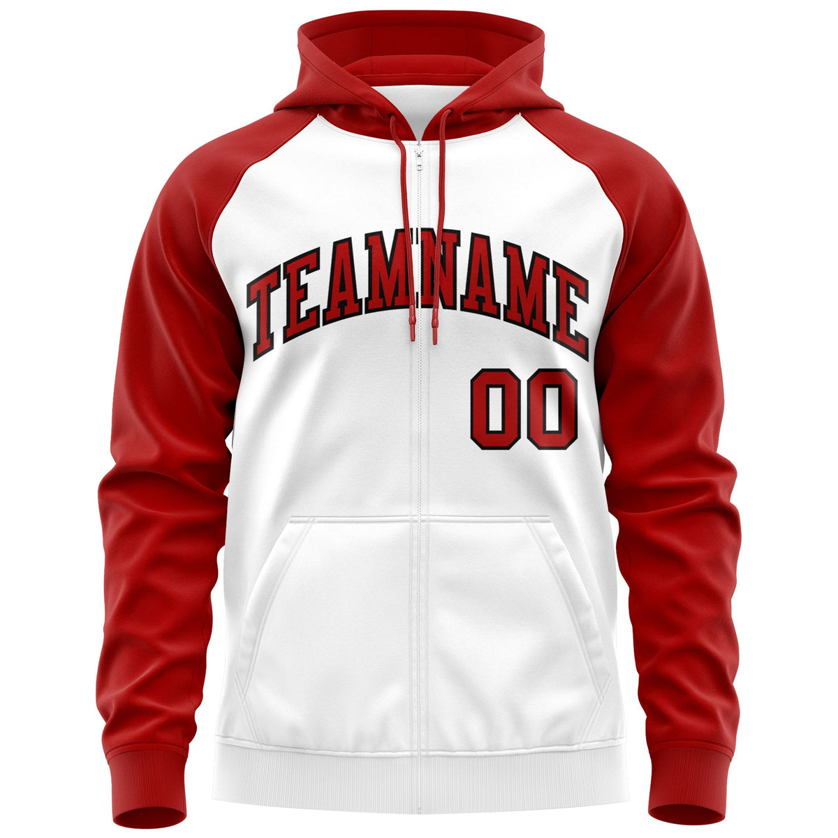 Custom Stitched White Red-Black Raglan Sleeves Sports Full-Zip Sweatshirt Hoodie| KXKSHOP