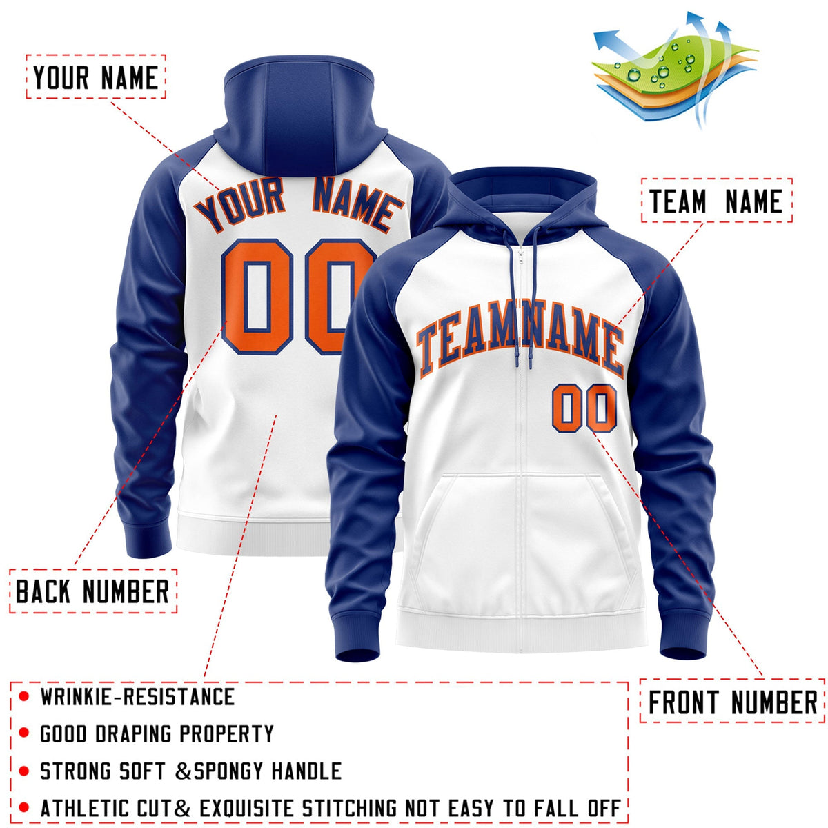 Custom Stitched White Royal-Orange Raglan Sleeves Sports Full-Zip Sweatshirt Hoodie| KXKSHOP