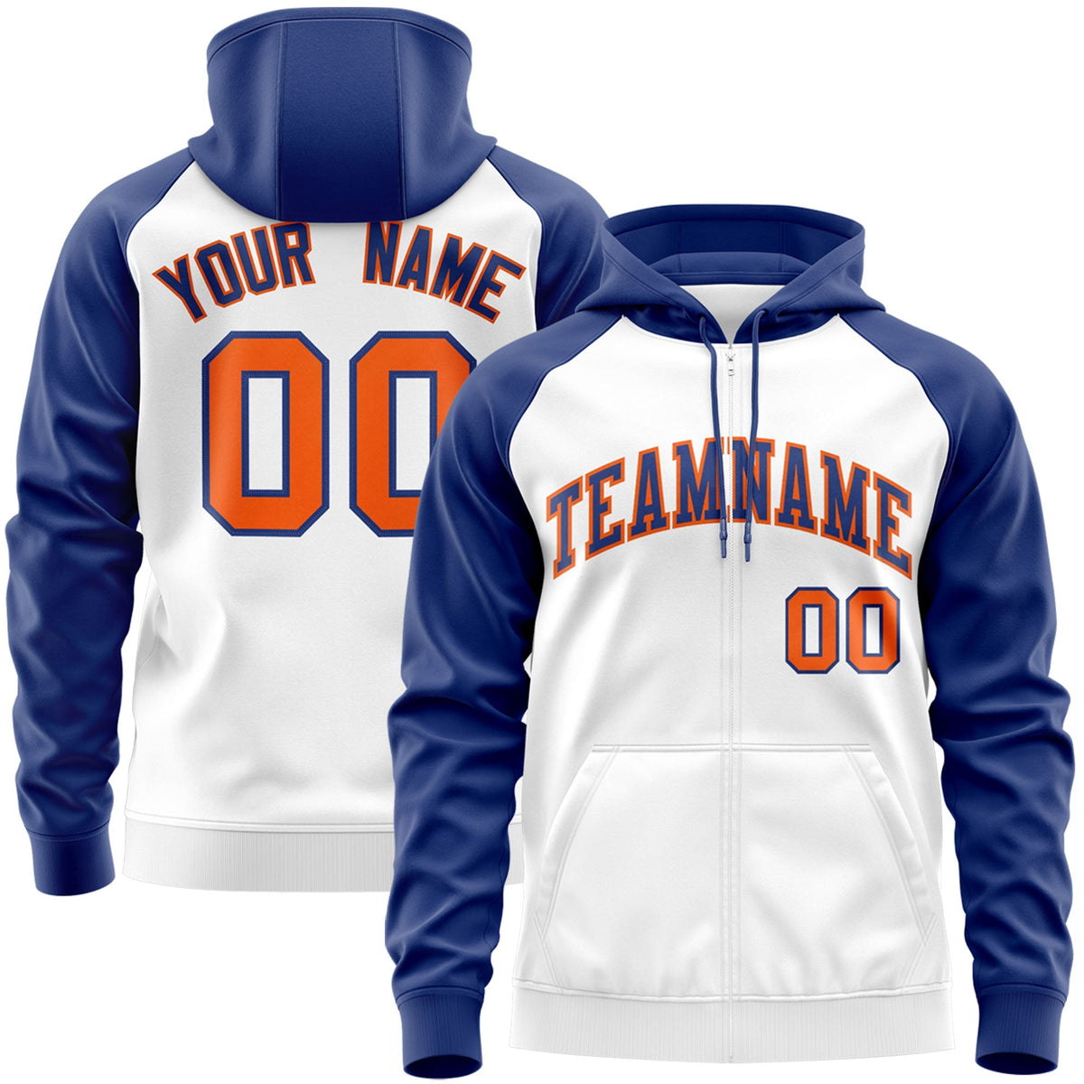 Custom Stitched White Royal-Orange Raglan Sleeves Sports Full-Zip Sweatshirt Hoodie| KXKSHOP