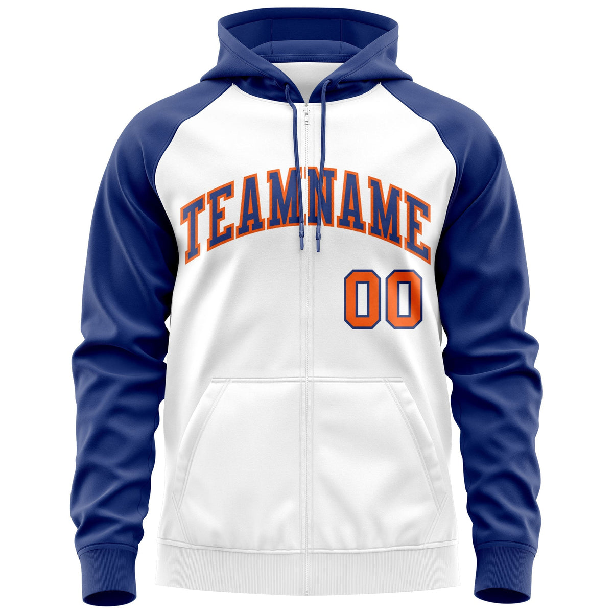 Custom Stitched White Royal-Orange Raglan Sleeves Sports Full-Zip Sweatshirt Hoodie| KXKSHOP