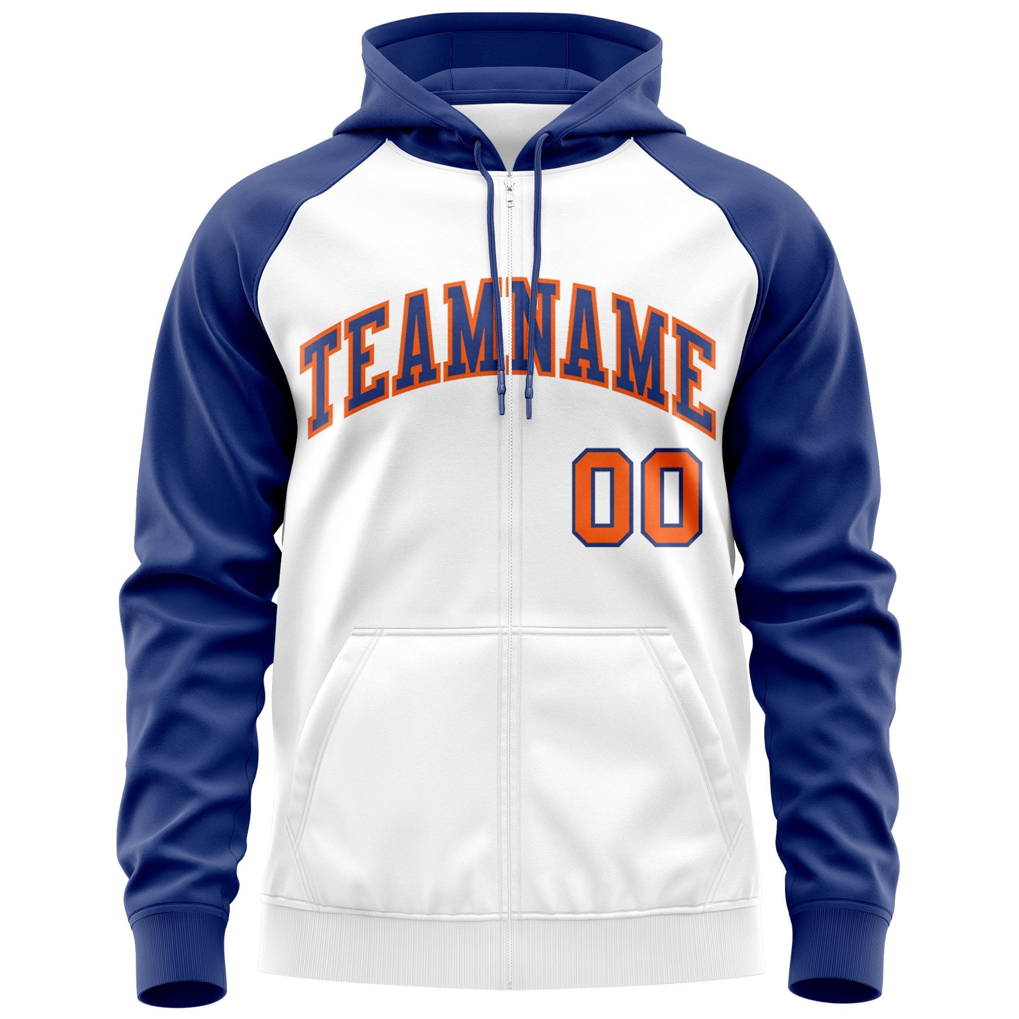 Custom Stitched White Royal-Orange Raglan Sleeves Sports Full-Zip Sweatshirt Hoodie| KXKSHOP