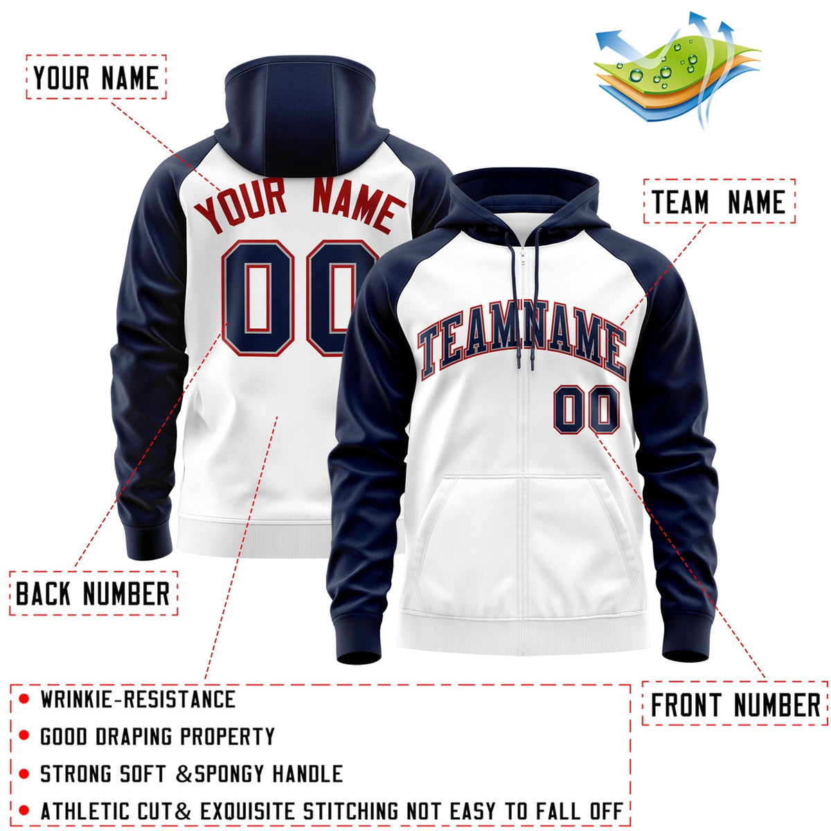Custom Stitched White Navy-Red Raglan Sleeves Sports Full-Zip Sweatshirt Hoodie| KXKSHOP