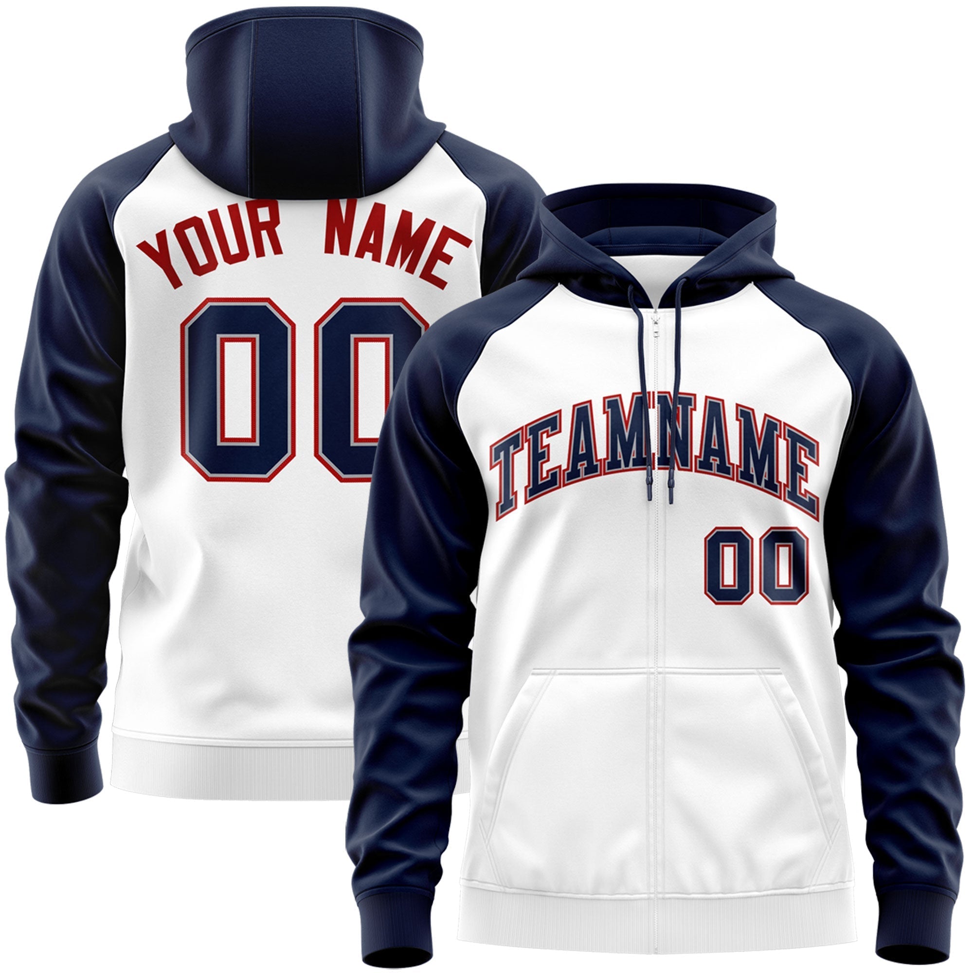Custom Stitched White Navy-Red Raglan Sleeves Sports Full-Zip Sweatshirt Hoodie| KXKSHOP