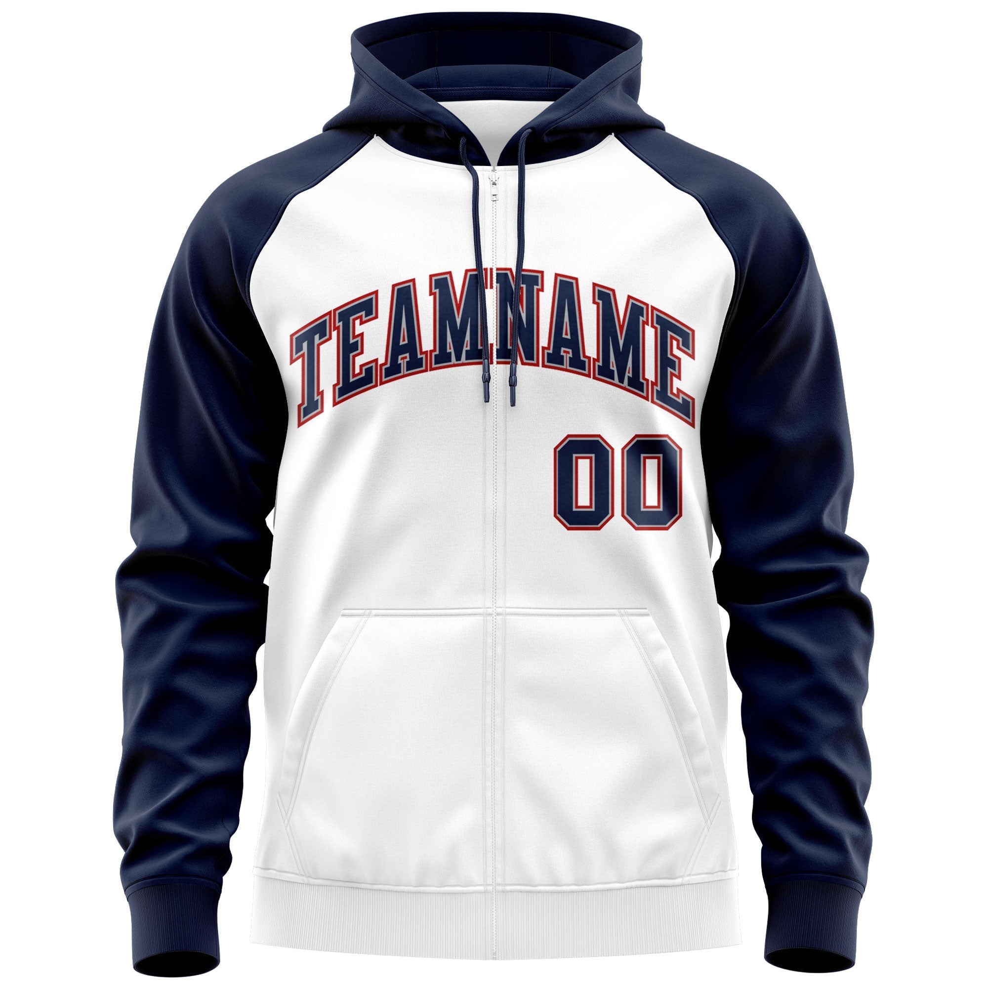 Custom Stitched White Navy-Red Raglan Sleeves Sports Full-Zip Sweatshirt Hoodie| KXKSHOP