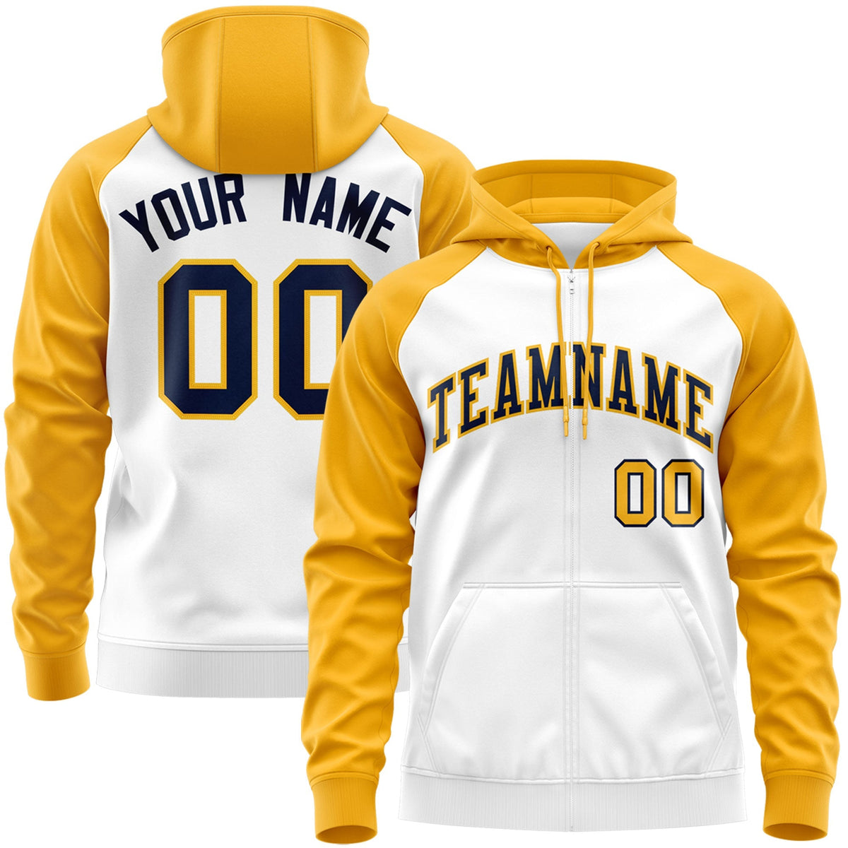 Custom Stitched White Navy-Gold Raglan Sleeves Sports Full-Zip Sweatshirt Hoodie| KXKSHOP