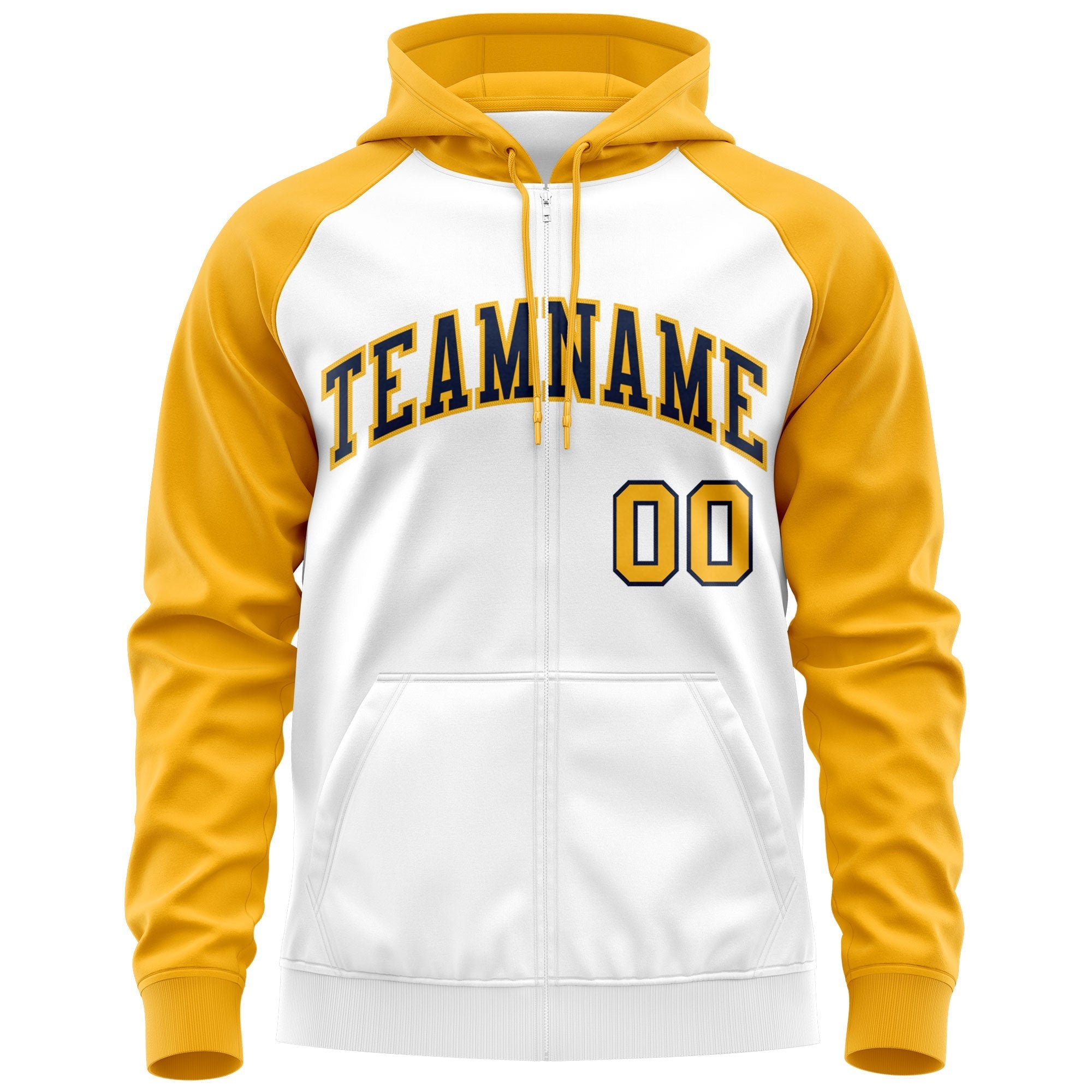 Custom Stitched White Navy-Gold Raglan Sleeves Sports Full-Zip Sweatshirt Hoodie| KXKSHOP