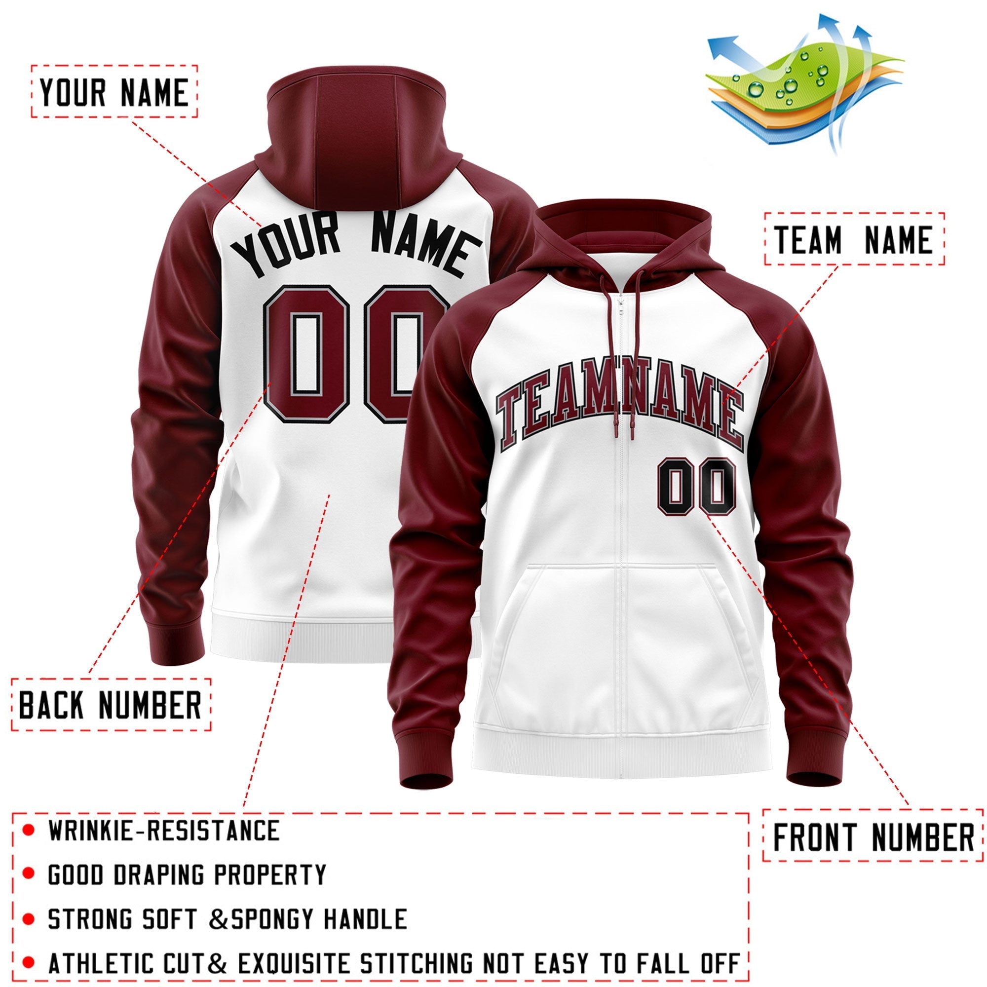 Custom Stitched White Crimson-Black Raglan Sleeves Sports Full-Zip Sweatshirt Hoodie| KXKSHOP