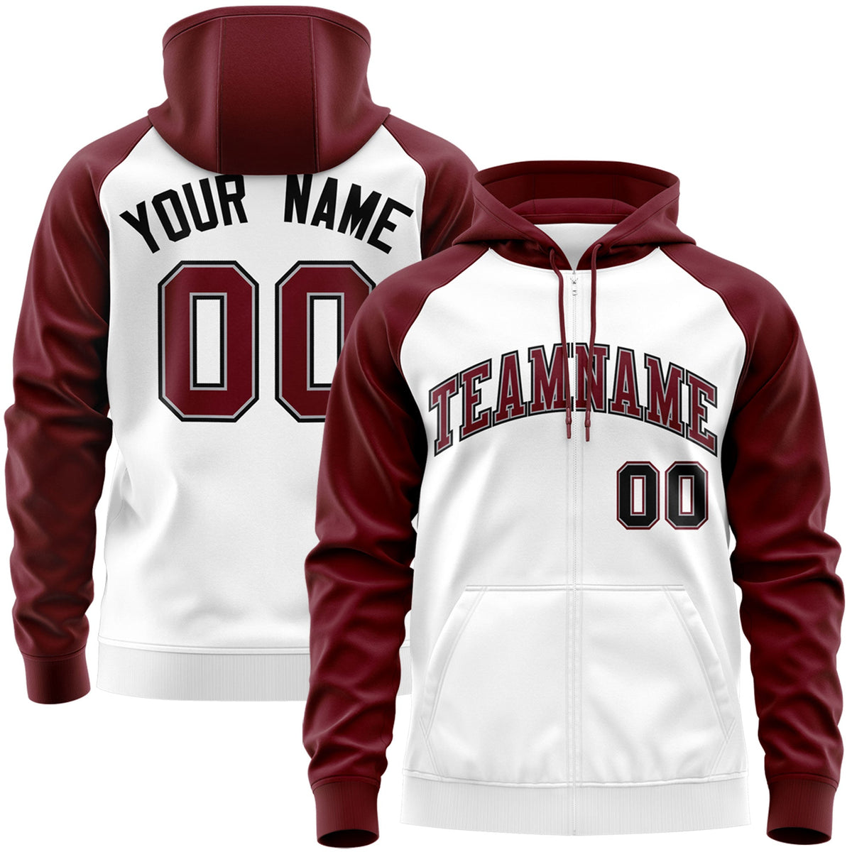 Custom Stitched White Crimson-Black Raglan Sleeves Sports Full-Zip Sweatshirt Hoodie| KXKSHOP